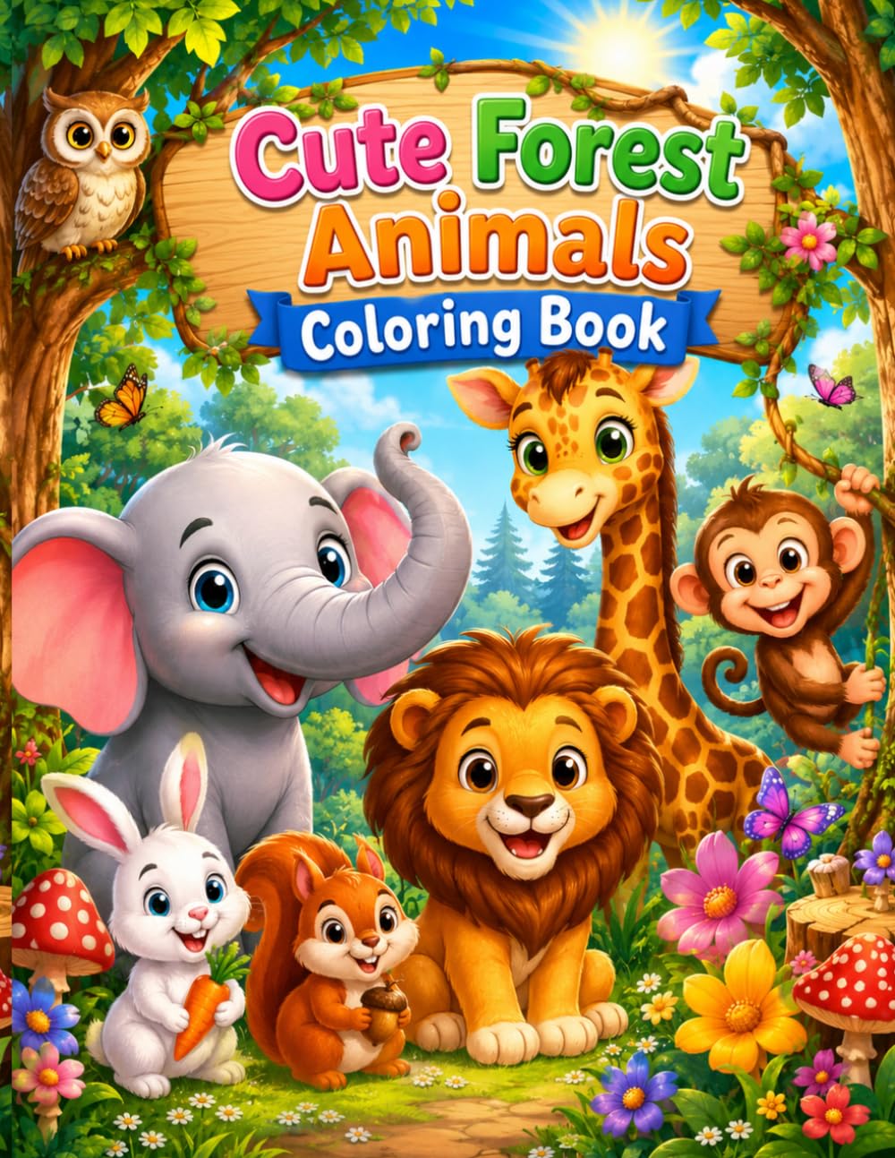 Cute Forest Animals Coloring Book: Fun and Easy Coloring Pages for Kids Ages 4–8 Featuring Lions, Elephants, Giraffes, Monkeys, Rabbits, Owls, and More