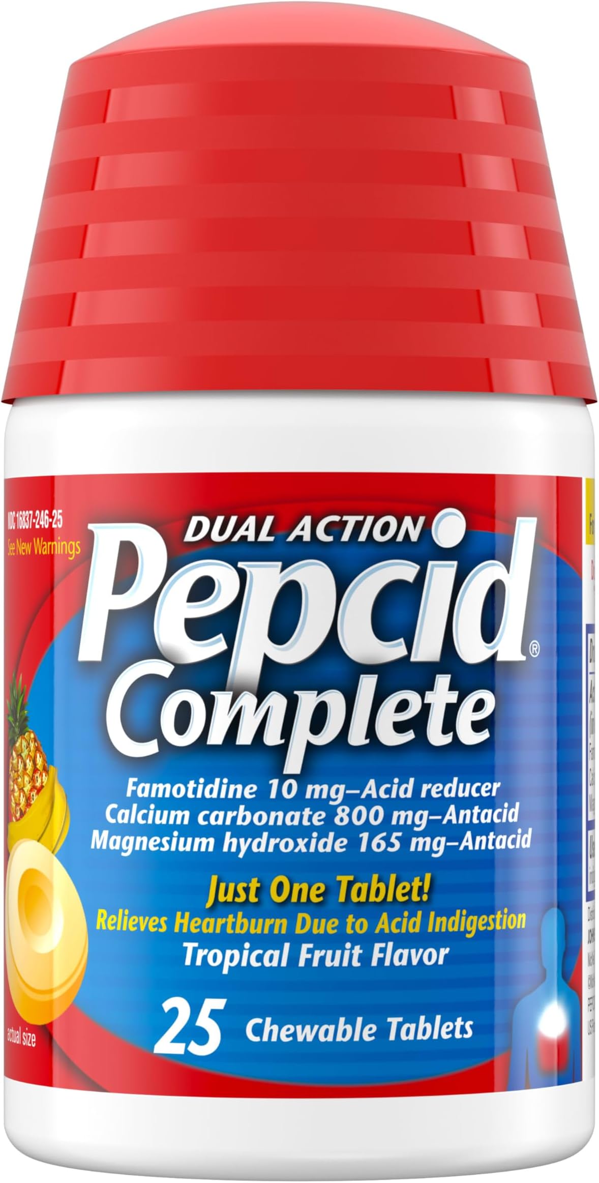 Complete Acid Reducer + Antacid Chewables, 10mg Famotidine, 800mg Calcium Carbonate & 165mg Magnesium Hydroxide per Heartburn Medicine Tablet, Antacid Chews, Tropical Fruit, 25 ct