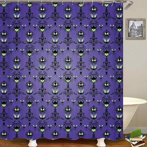 Miniatura 3 de Juego de 4 cortinas de ducha de Halloween, cortina de ducha de tela impermeable, alfombra de baño antideslizante, calavera, calabaza, negro, floral,