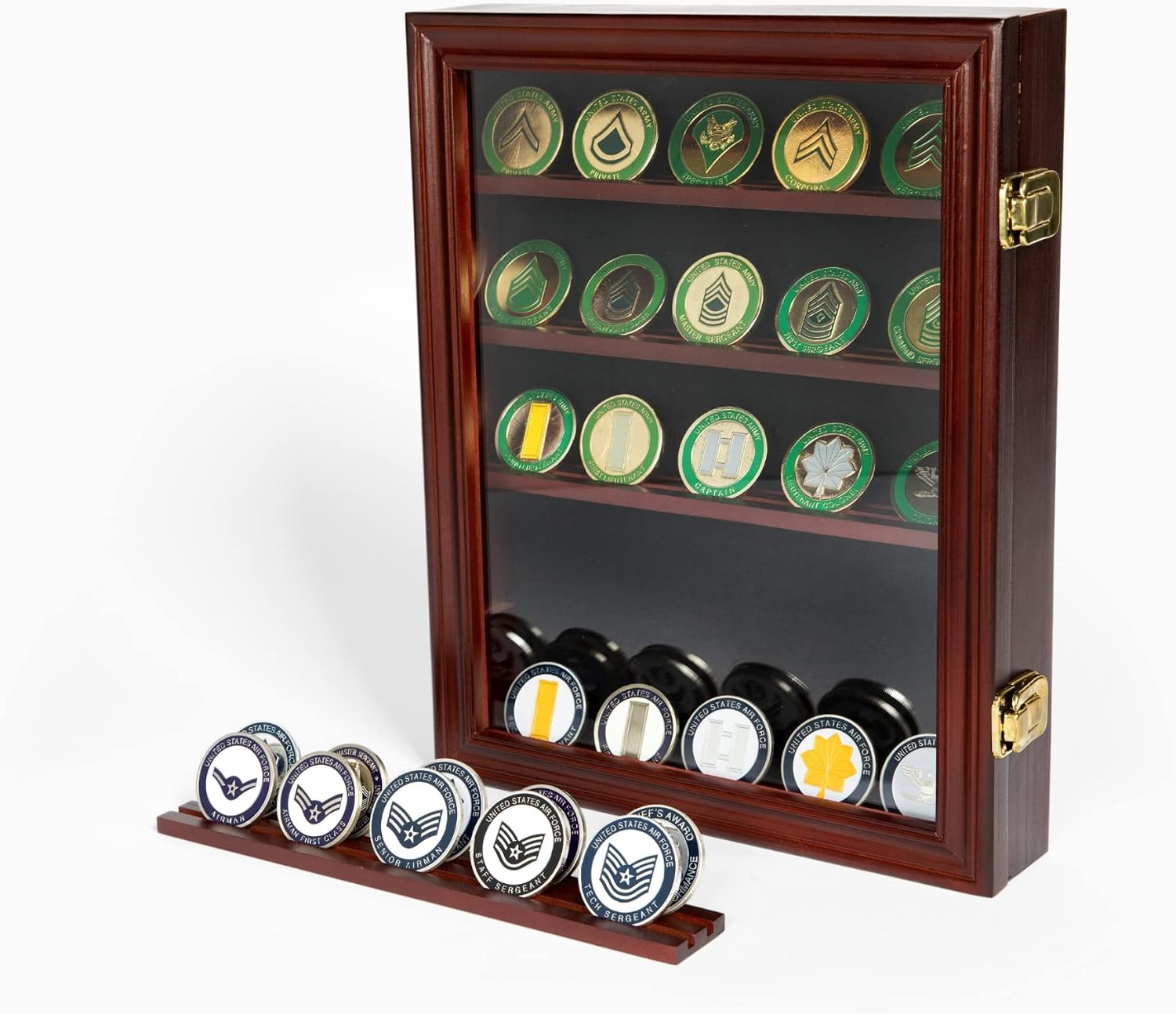 DECOMIL Challenge Coin Display Case |14"x11"| Medal Display , Poker Chip Case | Display Shelf for Collectibles , 30 Coin , Cherry Finish
