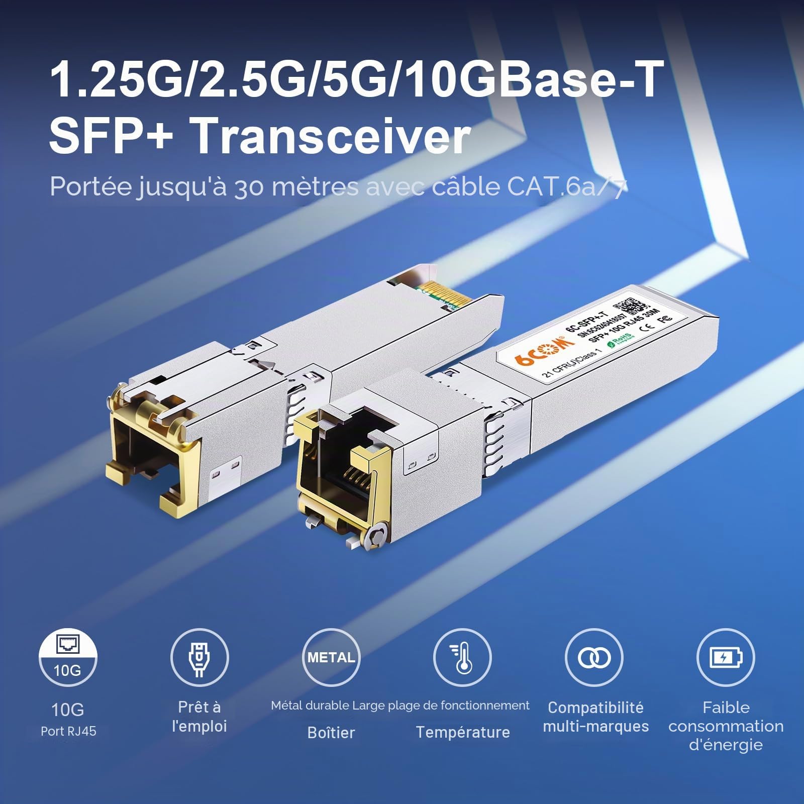 1,25/2,5/5/10GBase-T SFP+ 10gb RJ45 Module, Adaptateur sfp+ vers rj45 10gb, Cat.6a/7, jusqu'à 30 m, pour Cisco SFP-10G-T-S, Ubiquiti uacc-cm-rj45-mg, D-Link, MikroTik S+RJ10 and Other Open Switches