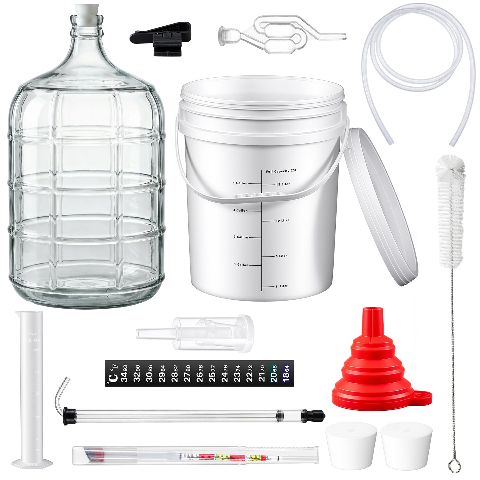 Ziliny El kit para hacer vino incluye Carboy de 5 galones, cubo y tapa de 6.5 galones, sifón automático, hidrómetro, probador de porcentaje de alcohol, relleno de botellas, cierre de aire, embudo de