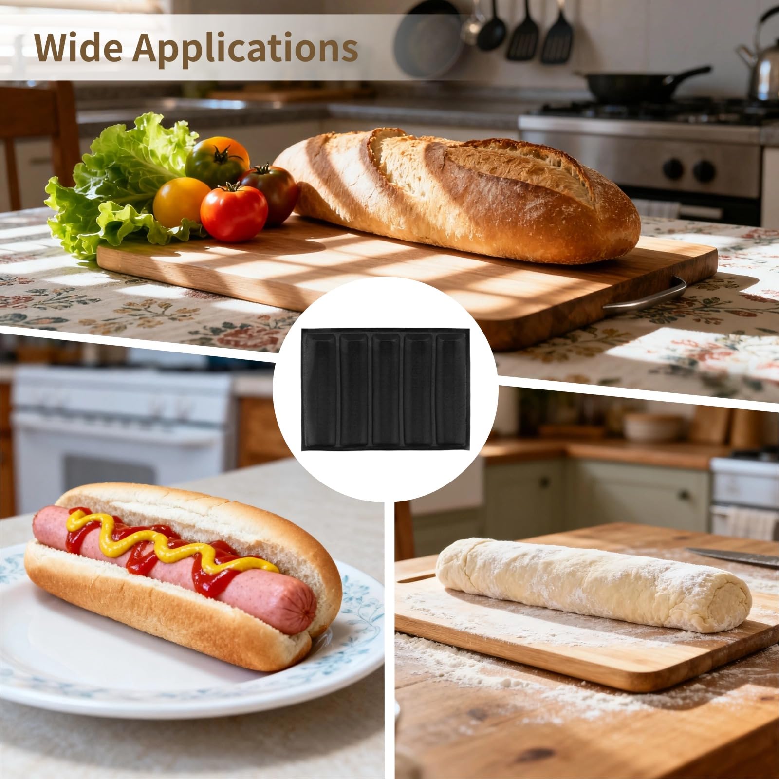 Generisch 2 Stk. 5-Fach Baguette-Backform, Fiberglas-Silikon-Backformen mit Silikonspatel, Pinsel und Hitzeschutz-Clip, belüftete Form für französisches Brot und Hotdog-Brötchen