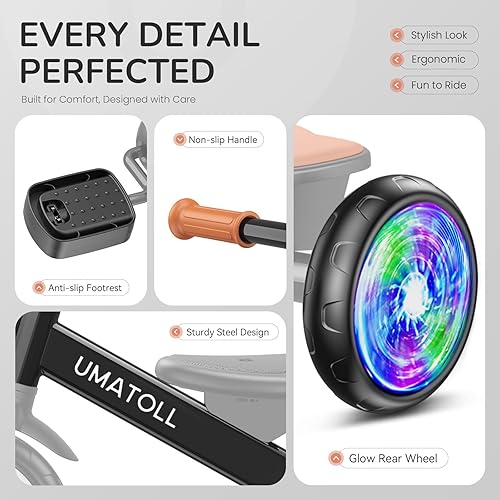 Miniatura 7 de Umatoll Triciclo para niños pequeños de 2 a 5 años, bicicleta ajustable para niños y niñas de 2 a 4 años, triciclo con ruedas iluminadas