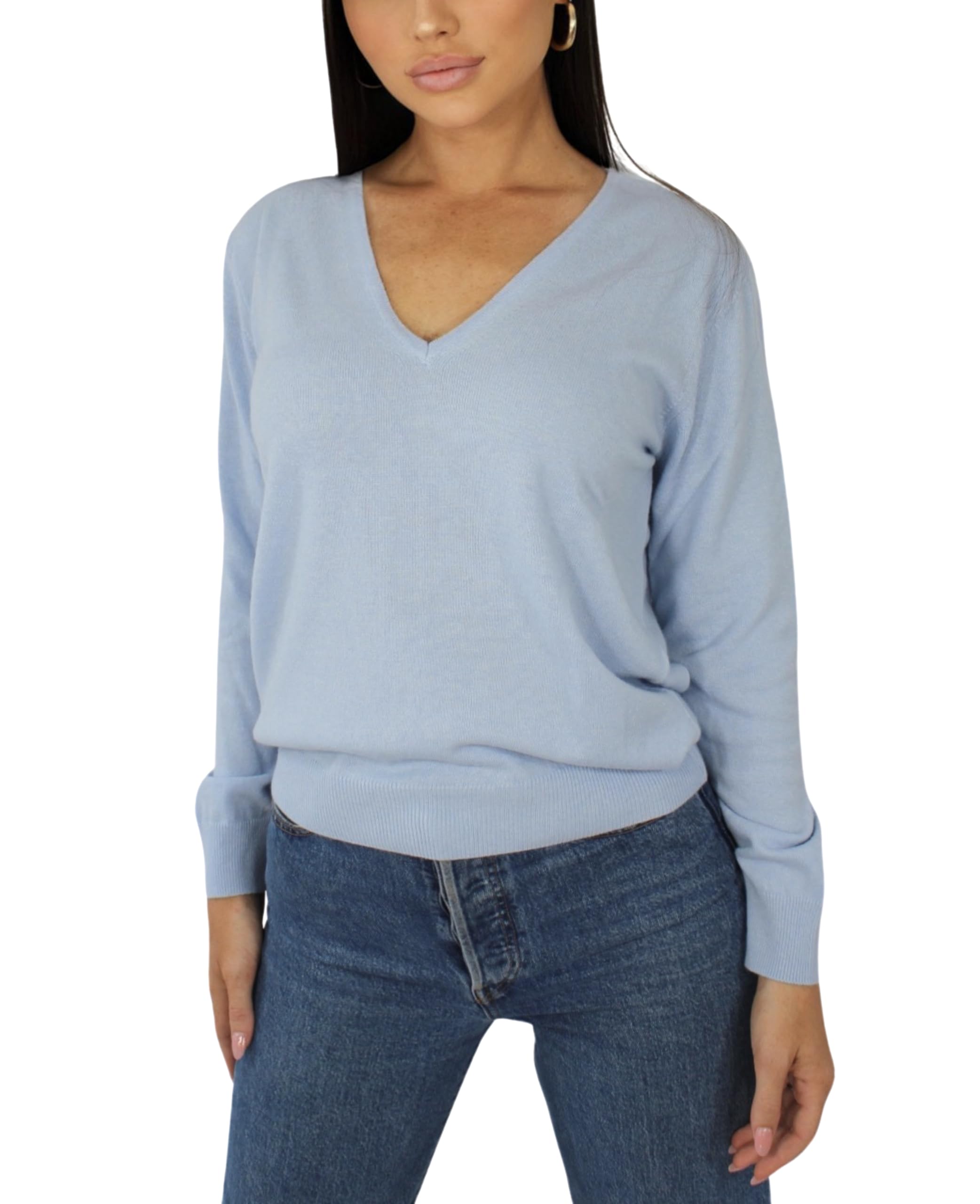Win's Women's Cashmere V-Neck Sweater, Made in Italy, Sky blue, XXL