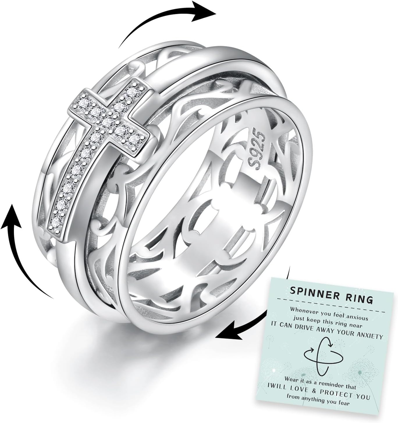 Sariel 925 Sterling Silver Cross Spinner Ring Fidget Spinning Band Rings for Women Mom Daughter