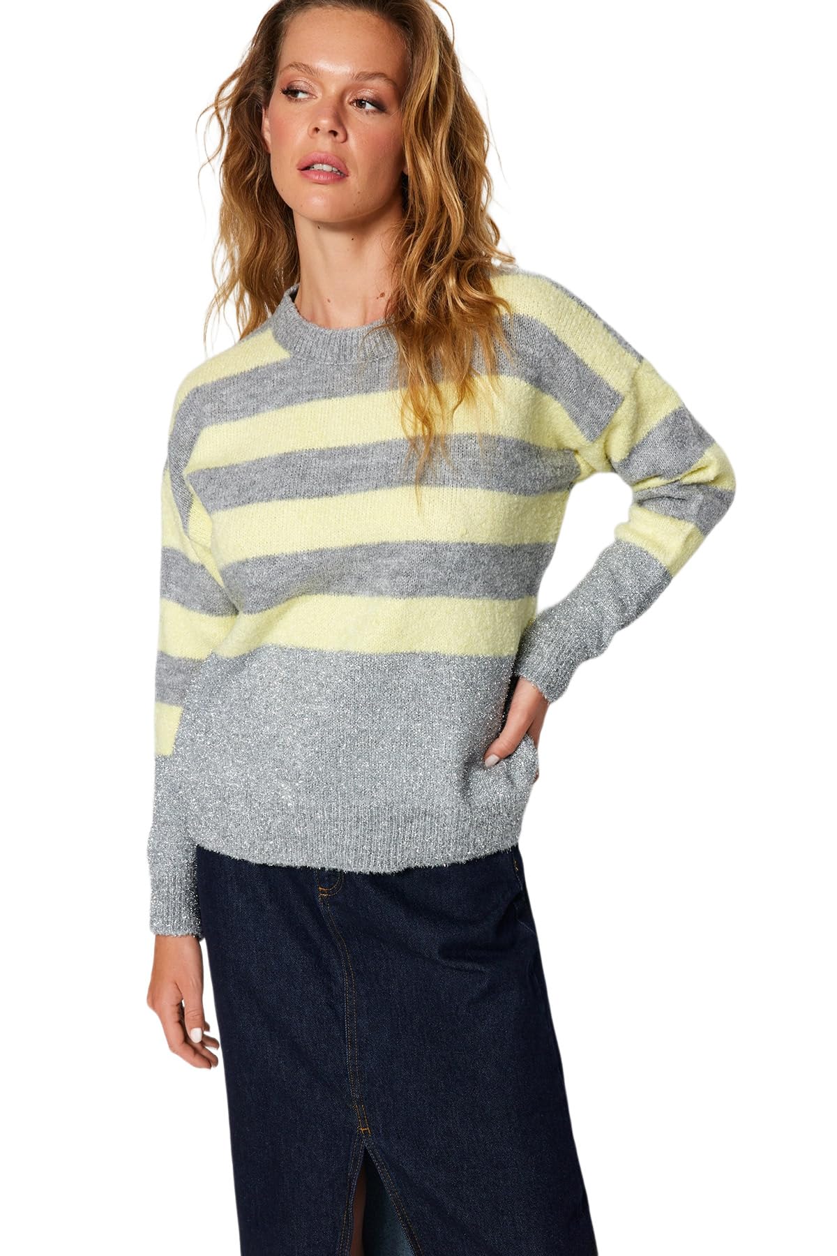 Trendyol Damen Oversize Basic Crew Neck Knitwear Sweater Pullover, Grey, S
