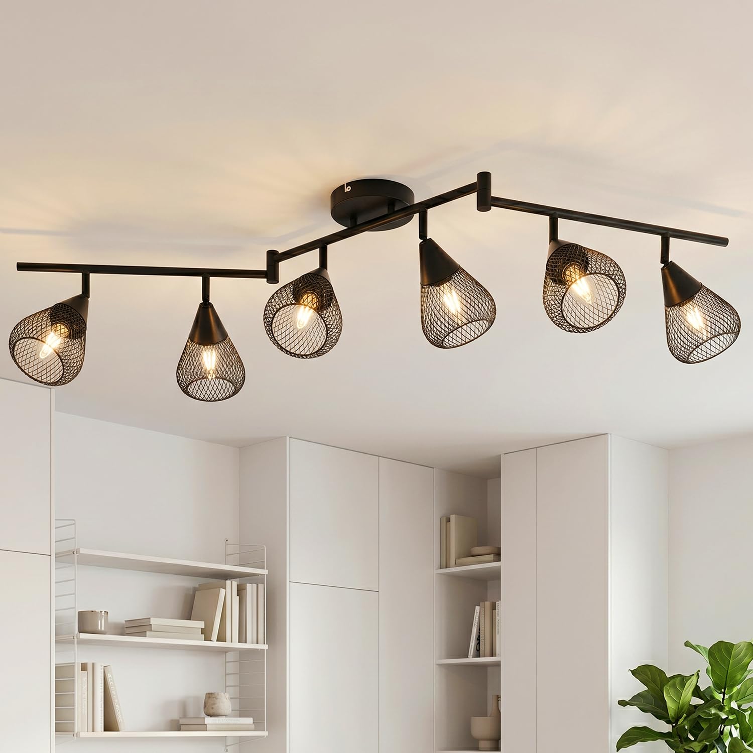 LVWIT 6 Way Spotlights Ceiling Lights, Adjustable Black Kitchen Lights Ceiling E14, Vintage Cage Light Fittings, Metal Spot Lights for Living Room Bedroom Hallway Dining Room, Bulb Not Included