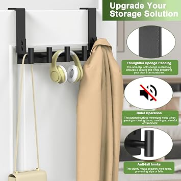 Stainless Steel Over The Door Hooks Heavy Duty, Bathroom Towel Holder Door Mount Coat Rack Towel Rack for Bedroom, Doors Hangers Towel Hooks for Bathroom Dorm Essentials (1 Pack,Black-5 Hooks)