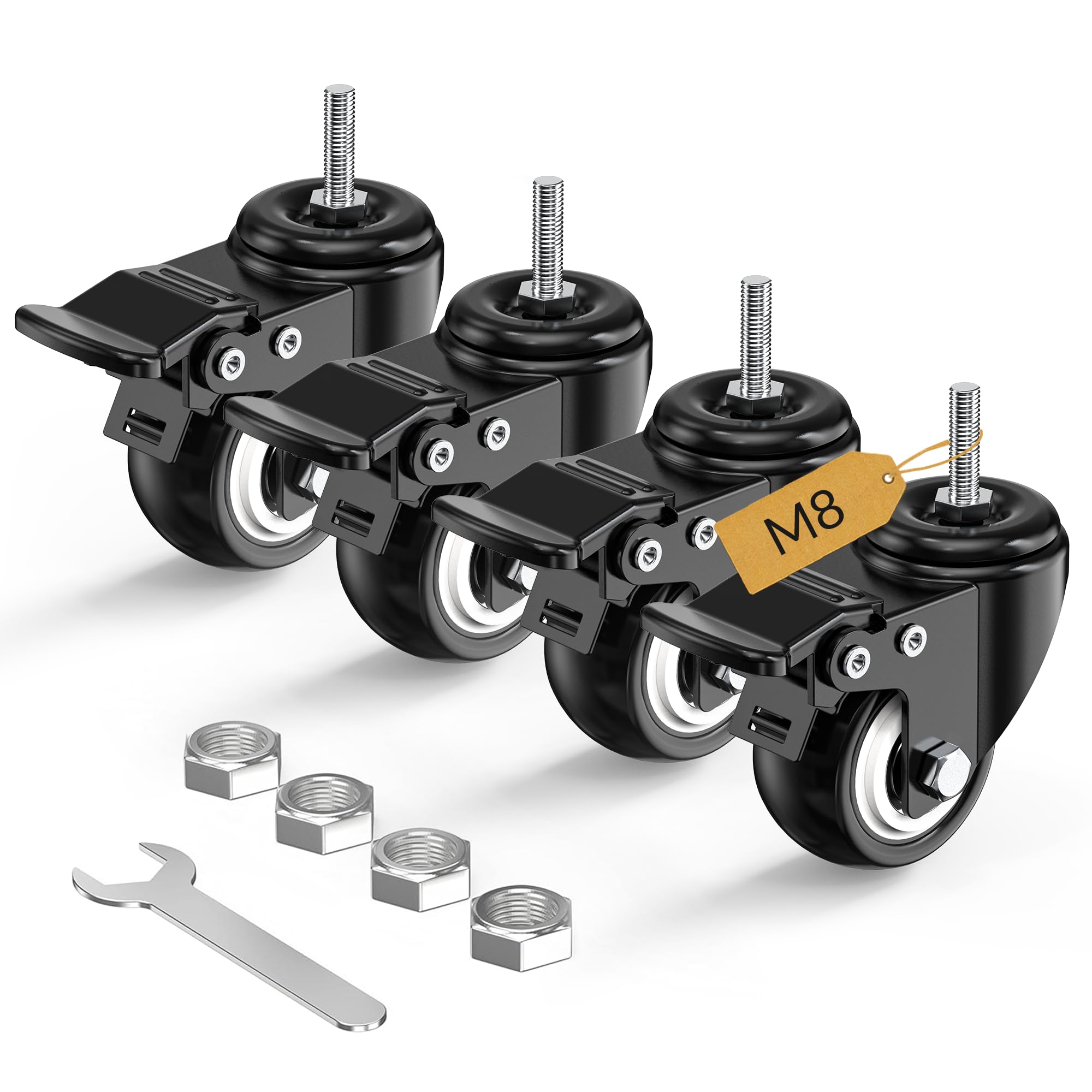 HOLKIE Juego de 4 ruedas giratorias con freno M8 x 25mm 50mm Negro