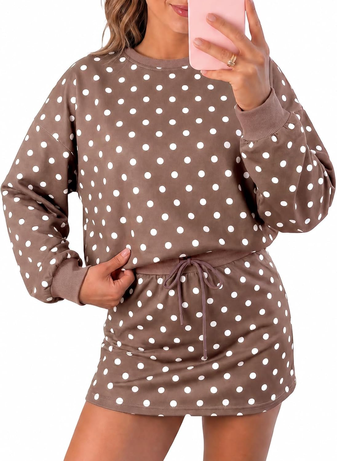 Wenrine Womens Polka Dot 2 Piece Skirt Sets Drawstring Skorts Workout Set | Long Sleeve Sweatshirt, Shorts Skirt with Pocket, Athletic Set,Lounge Matching Set