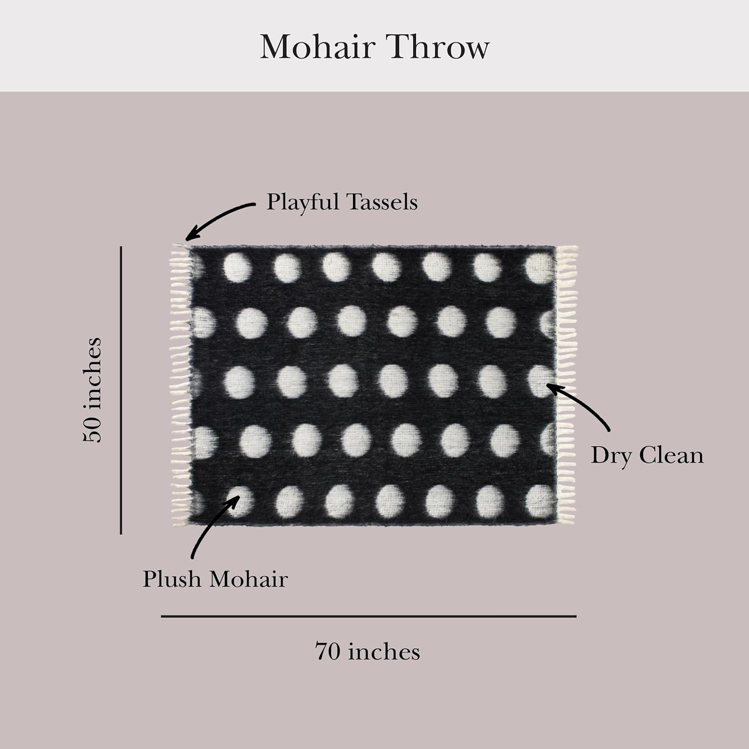 kate spade new york Dots Throw, 50" x 70", Mohair Blend Decorative Throw for Couch, Bed, Sofa, Brushed Dots Design with Fringe, Home Decor for Living Room, Bedroom, or Dorm, Black & White