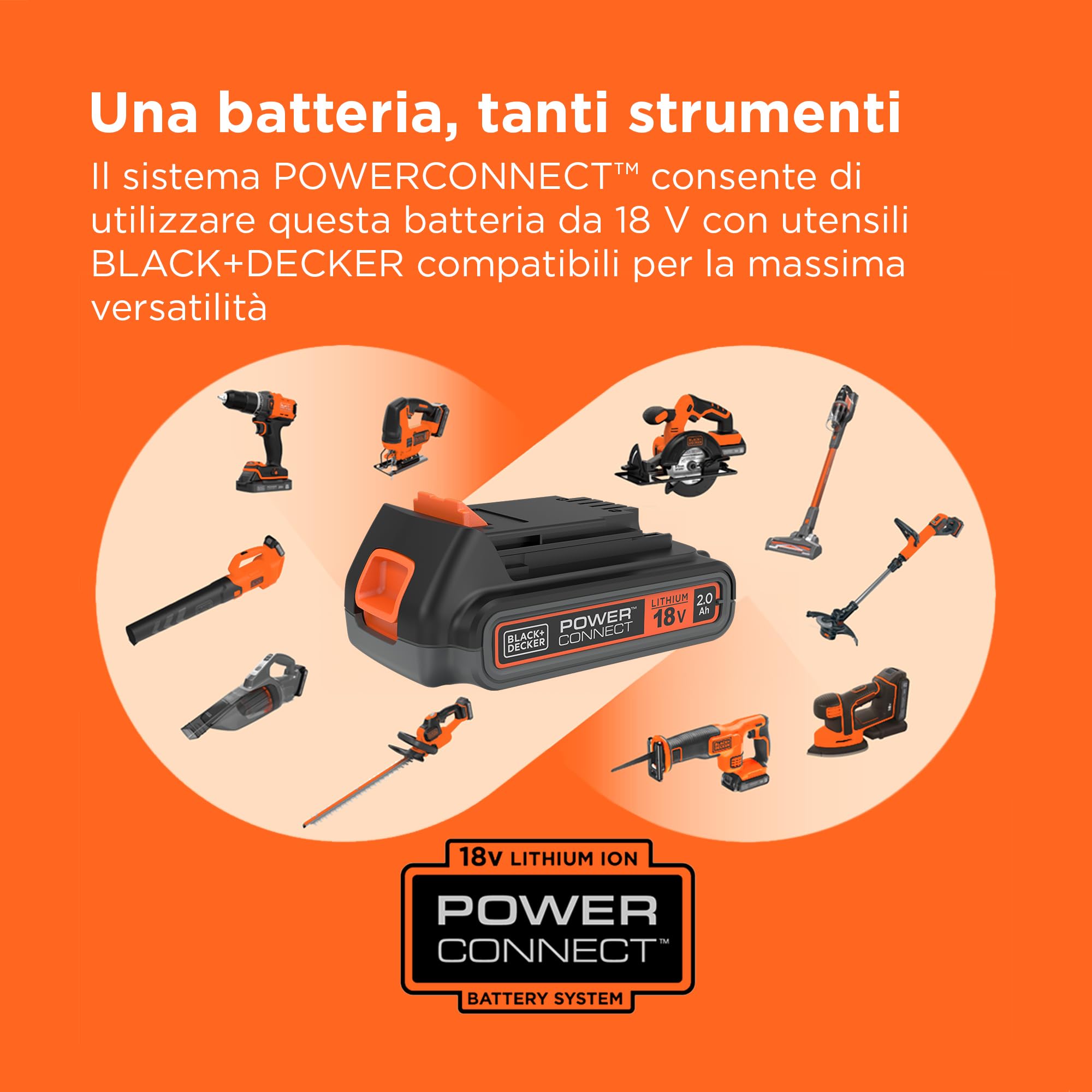 BLACK+DECKER 18V, 2.0AH, batteria agli ioni di litio, compatibile con tutti i prodotti BLACK+DECKER da 18V, BL2018-XJ