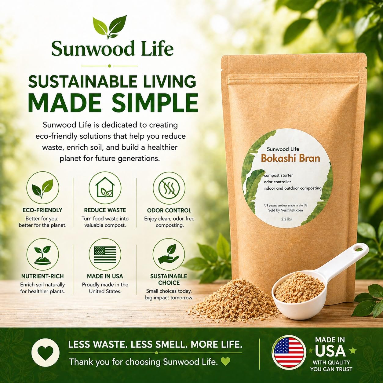 Sunwood Life®Premium Bokashi Bran-6.6 lbs - Excellent for Food Waste Composting, Graden and Pet Ordors Control