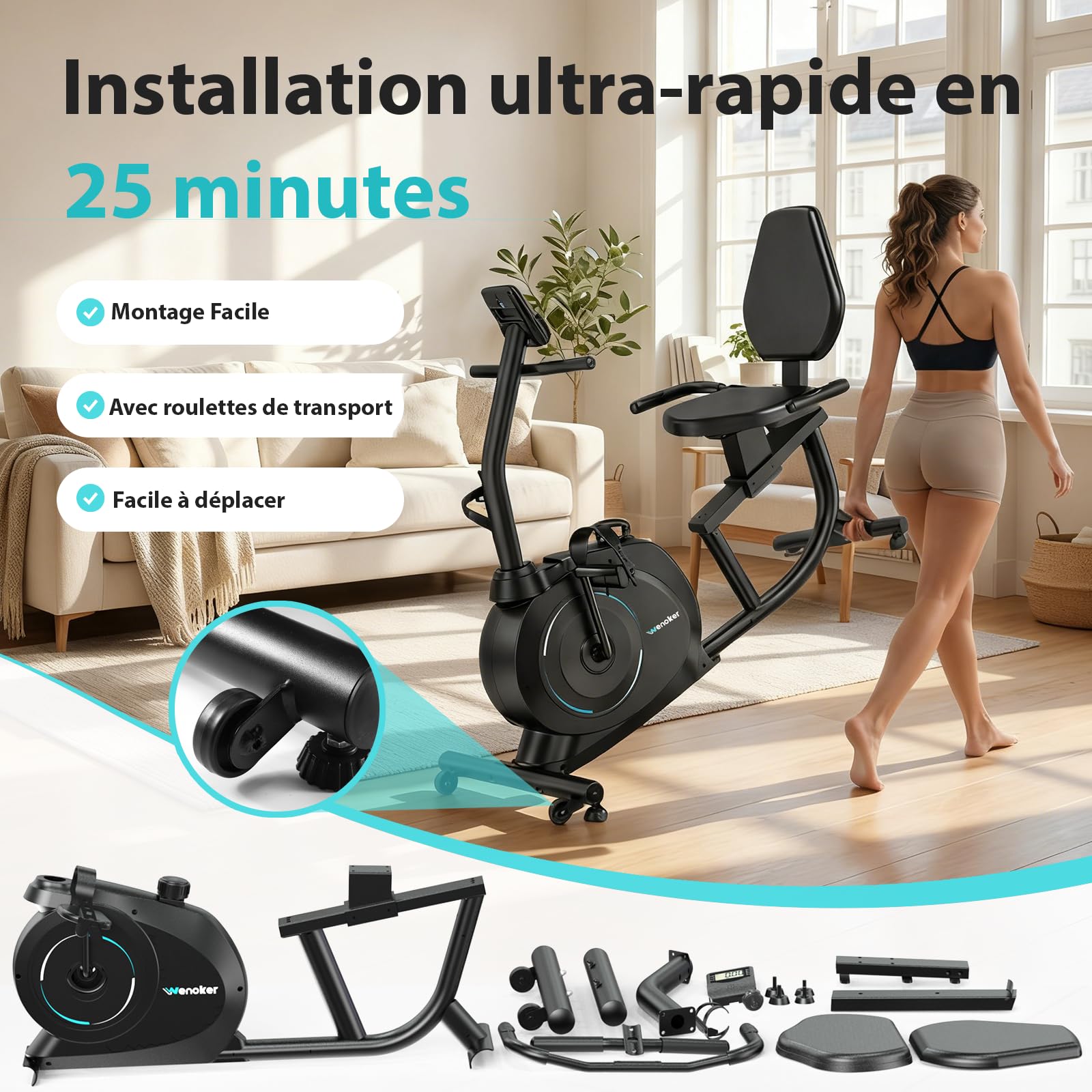 Wenoker ergomètre d'appartement avec frein magnétique, capteurs de pouls et écran LCD, 8 niveaux de résistance jusqu'à 160 kg, ergomètre d'assise avec dossier pour personnes âgées