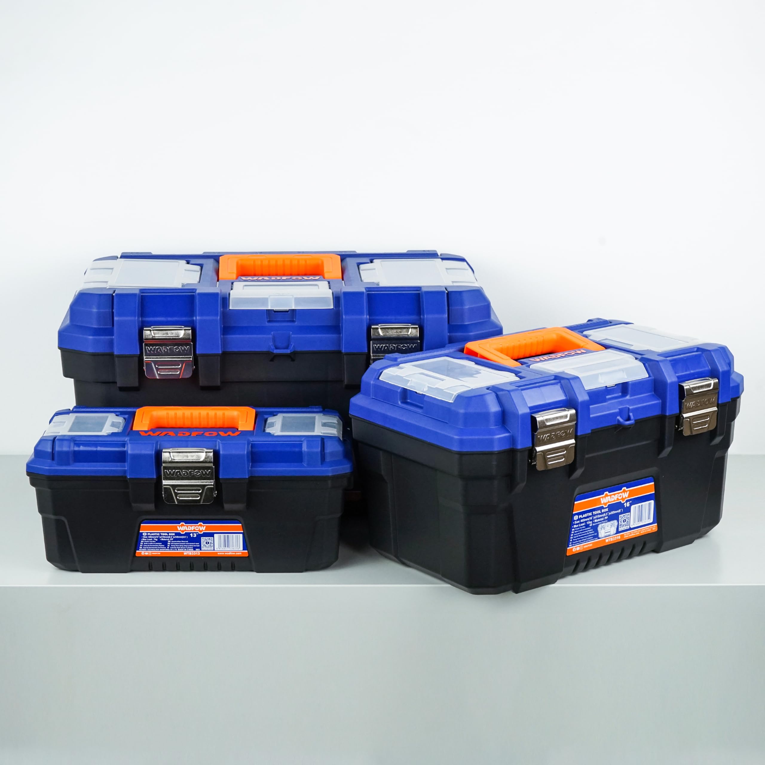 Brigros - Cassette Per Attrezzi Vuote 13"/16"/19", Cassetta Attrezzi Vuota In Plastica Resistente Con Vassoio, Doppia Chiusura, Scatola Portaminuterie Superiore Trasparente (Set da 3, Fibbia Metallo)