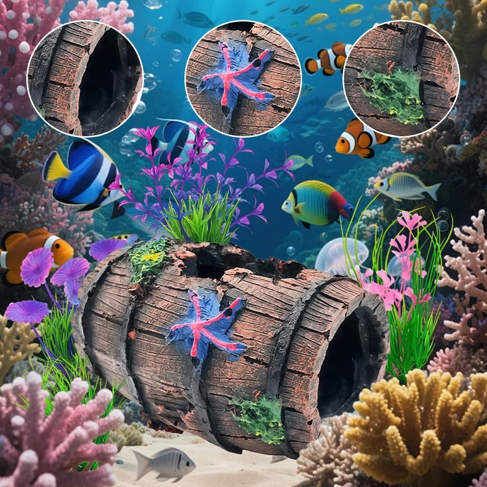 Juego 5 Piezas decoración Acuario, Accesorios Peces Betta, Adornos Cueva Barril + Estrellas mar y Plantas Artificiales (1 Barril con Estrellas, 4 Plantas)
