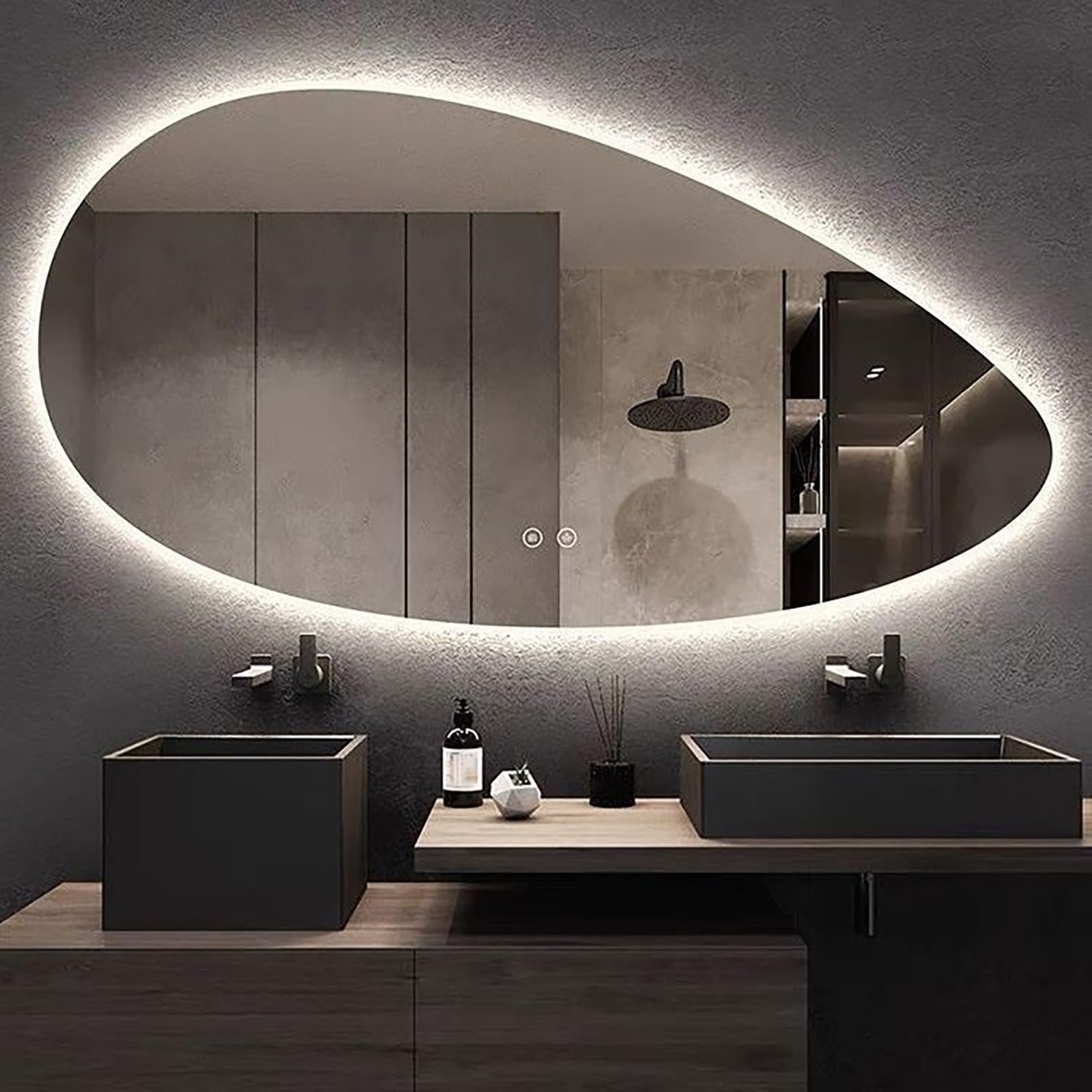 FGXHHS LED Irregular Teardrop 60x90cm - Smart Touch 3 Color Modes with Anti-Fog, HD Glass Wall Mounted Vanity Mirror, Decorative Hanging for Bedroom