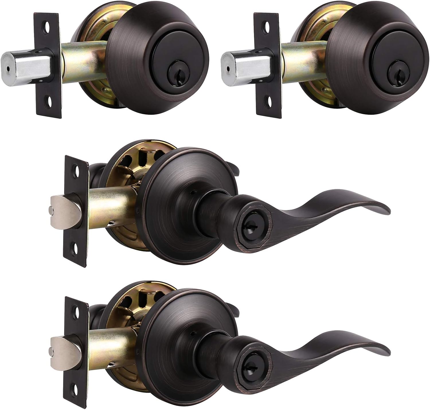Probrico Wave Style Lever Front Door Knob Entry Leverset Lockset and Double Cylinder Deadbolt