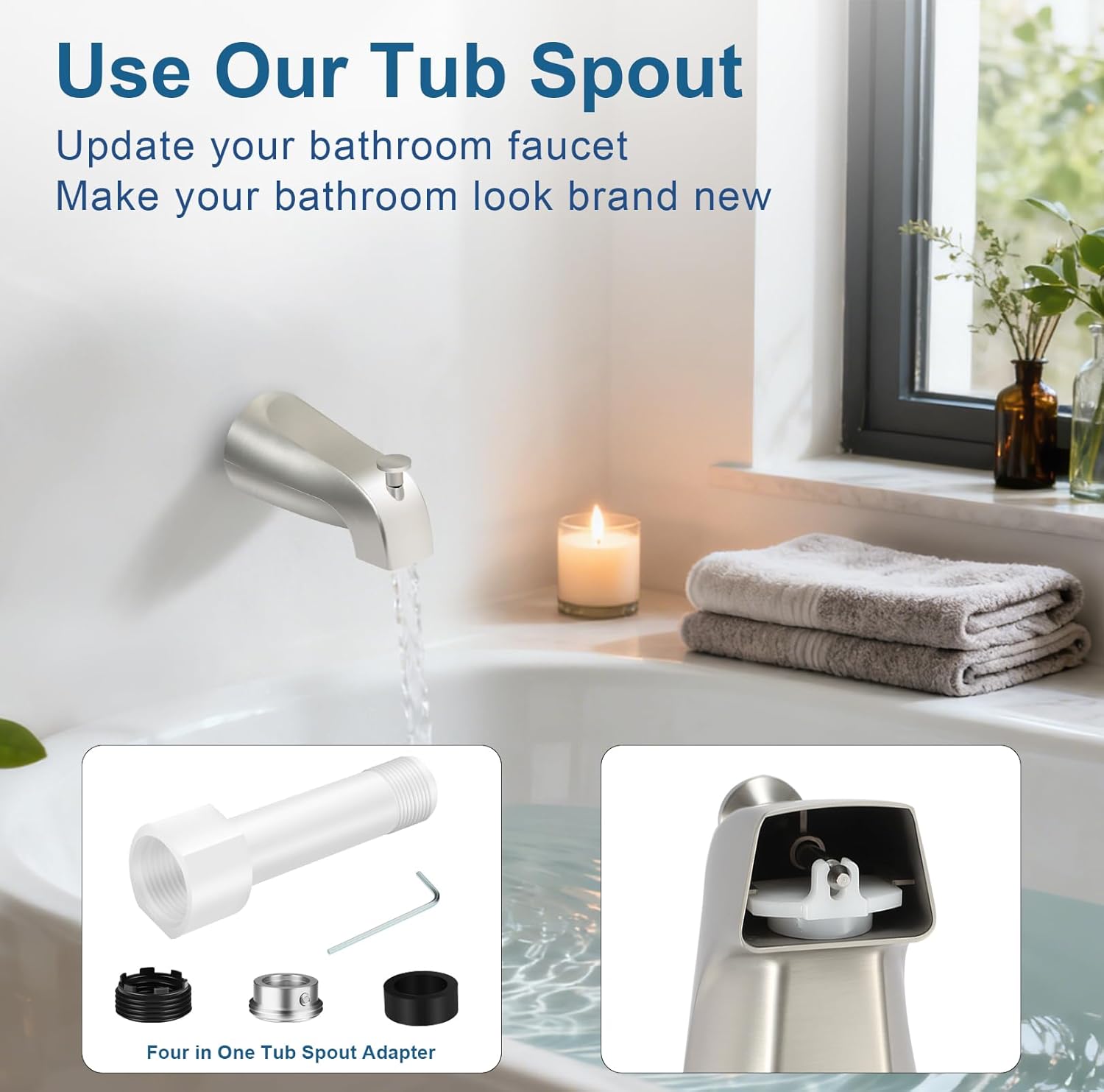 Universal Tub Spout for 1/2" Copper Pipe, 1/2" IPS and 3/4" IPS, Bathtub Faucet with Diverter and Adapter and Hex Wrench (Brushed Nickel)