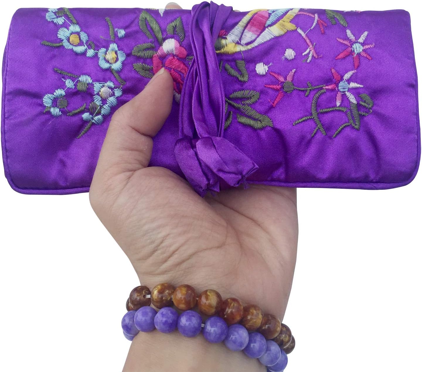Gold Fortune Travel Jewelry Roll Bag - Silk Embroidered Brocade Pouch for Rings, Necklaces, Earrings, Bracelets | Lightweight & Tie Closure (Dark Purple)