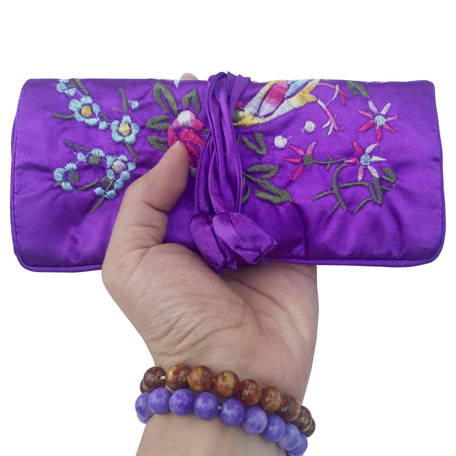 Gold Fortune Travel Jewelry Roll Bag - Silk Embroidered Brocade Pouch for Rings, Necklaces, Earrings, Bracelets | Lightweight & Tie Closure (Dark Purple)
