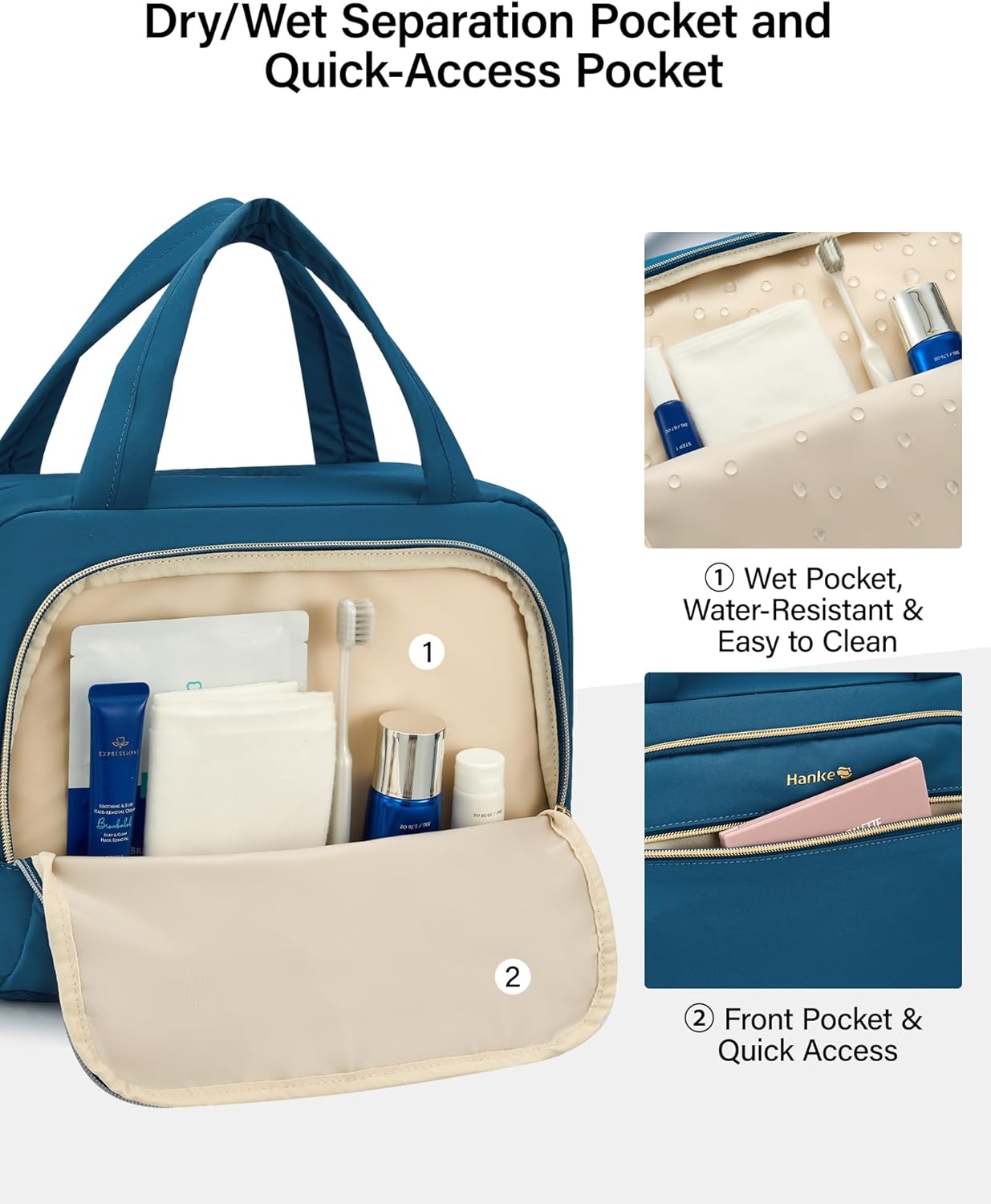 Hanke Hanging Travel Toiletry Bag for Women, Water-Resistant Makeup Organizer with Hook, Cosmetic Bag for Bathroom & Travel Essentials Accessories, Navy Blue