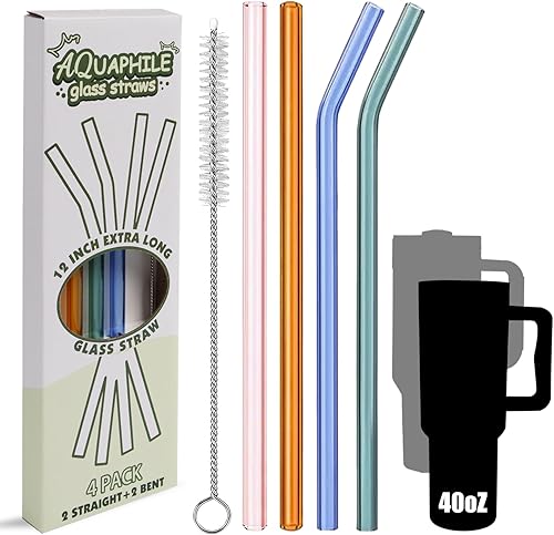 Paquete de 4 popotes de vidrio reutilizables, popotes de repuesto de vidrio coloridos compatibles con vaso Stanley de 40 onzas, popotes largos con