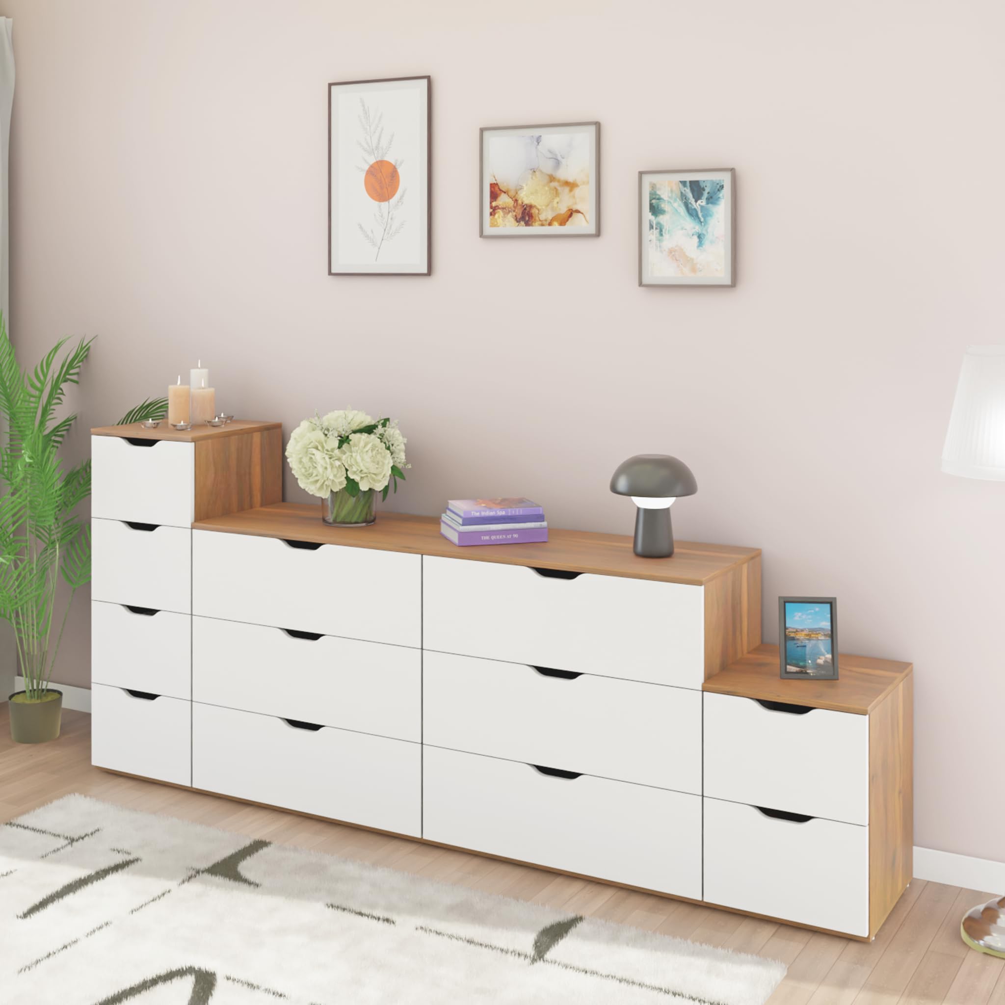 VIKI Dresser | Chest of Drawer Unit, Sovana Chest of 12 Drawers,Clothes Storage, Organizer Unit for Bedroom,Easy Pull Drawers, (Brussel Walnut & Frosty White -44D x 240W x 106H) | 1 Year Warranty-image-33