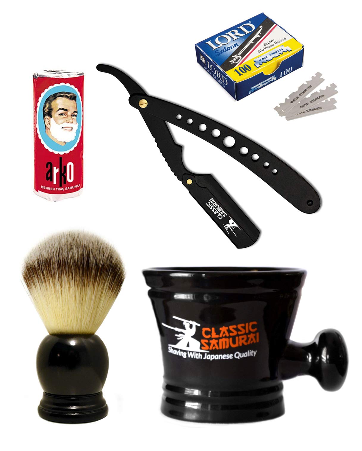 Men's Shaving Gift Set with CS-102 Matte Black Wholes Folding Straight Razor Shavette, 100 Lord Single Blades, Synthetic Shaving Brush, Arko Stick Soap and Porcelain Mug by Classic Samurai
