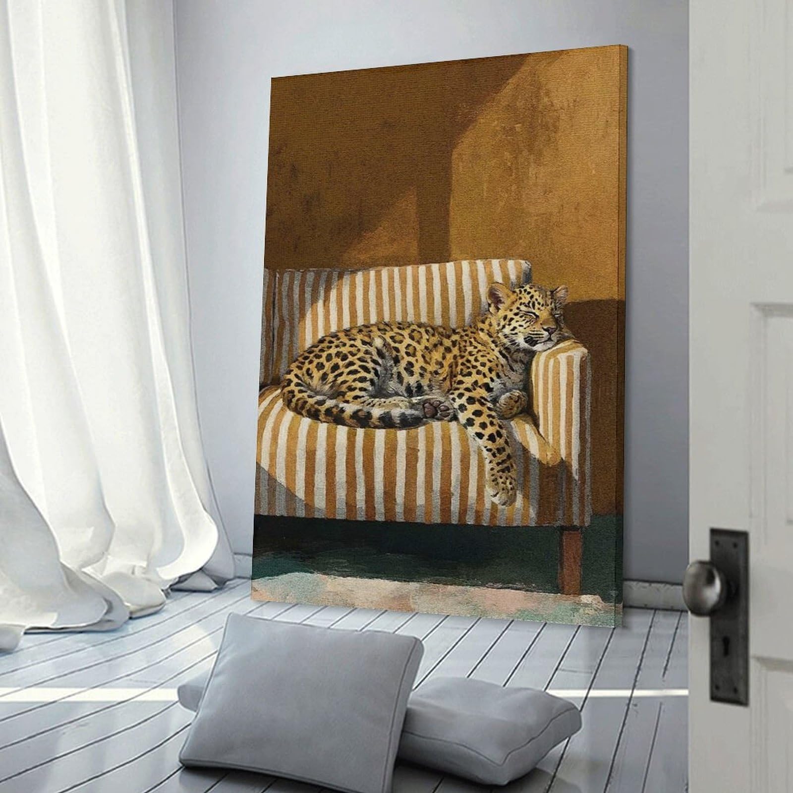 Junmoney Frame-Style-21-1 Leopard Resting On Striped Couch Wall Picture Print 16X24inch(40X60cm), For Entryway, Lounge Links Or Small Walls, Decorative Wall Art For Narrow Spaces