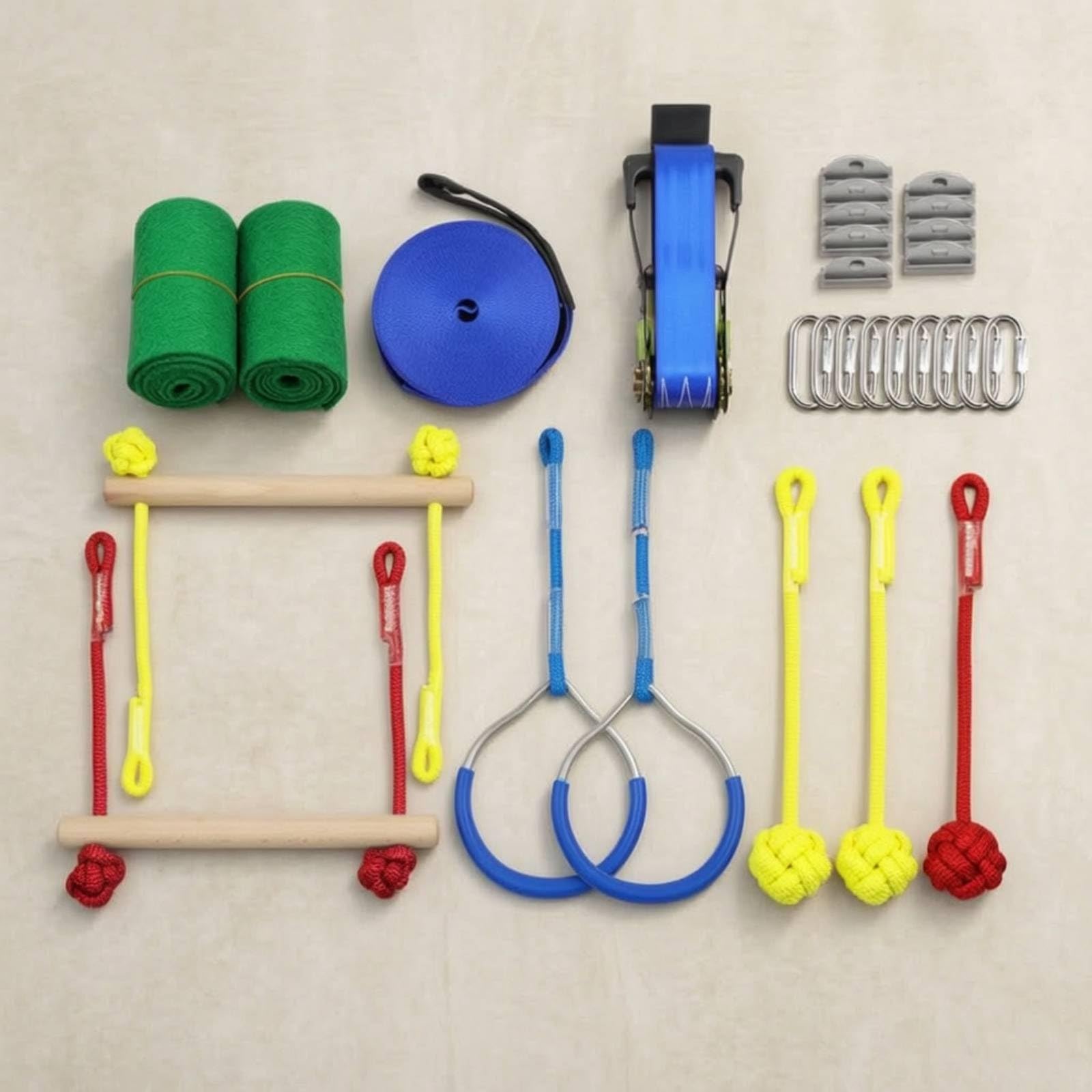 Harilla Entrenador de Equilibrio Infantil Kit de Slackline Línea de Obstáculos Barra de Madera Cuerda con Carabinas Metálicas para Coordinación y