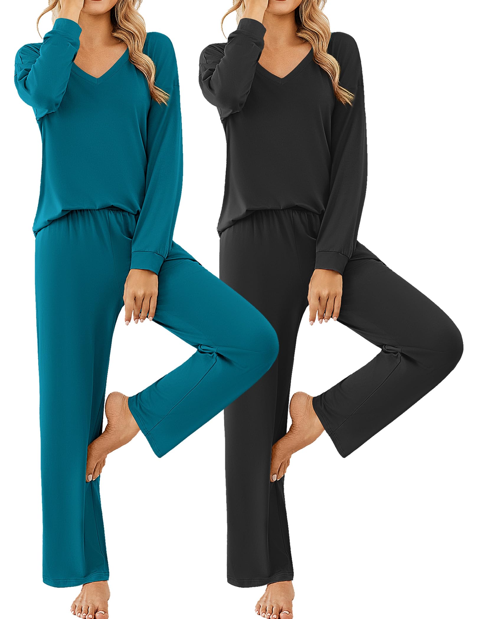 Womens 2 Pack Pajama Sets Long Sleeve Pajamas Top and Pants V Neck Soft Pjs Set Loungewear with Pockets