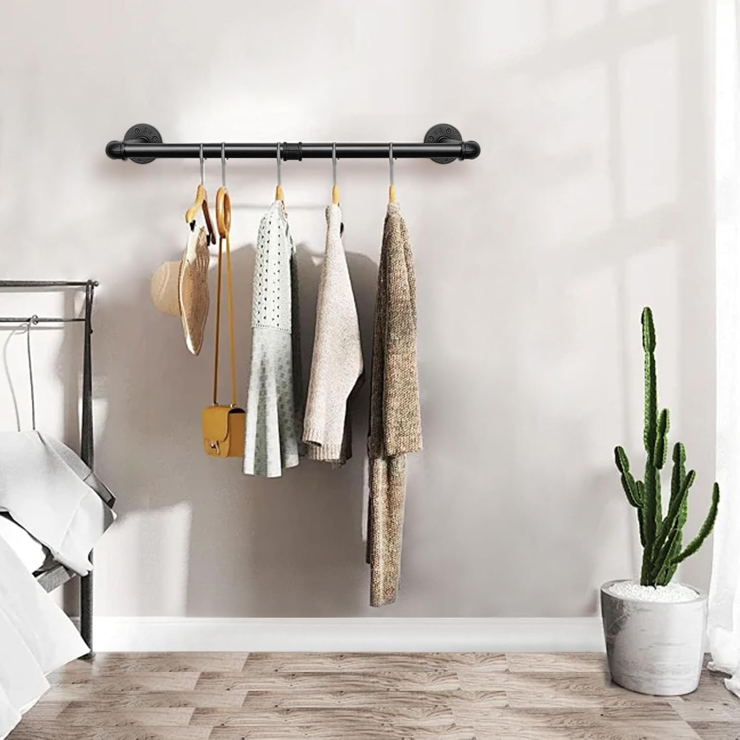 industrial iron pipe clothes hanging bar diy wall-mounted garment rack heavy duty clothing rack for bedroom, laundry room, closet storage (black 24 inch)