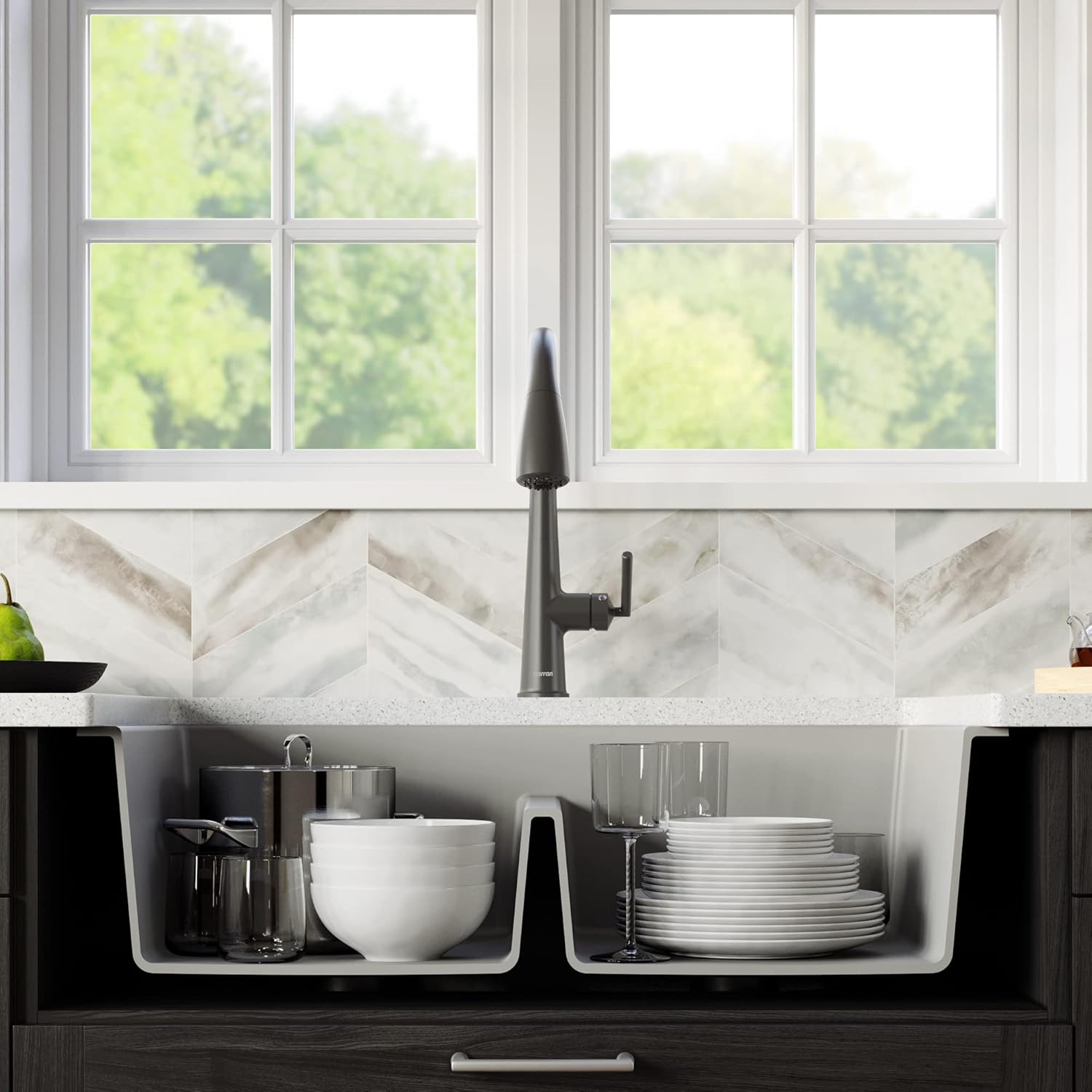 Featured Product Karran Retrofit Farmhouse Apron Front Quartz Composite 34 in. Double Bowl Kitchen Sink in Grey