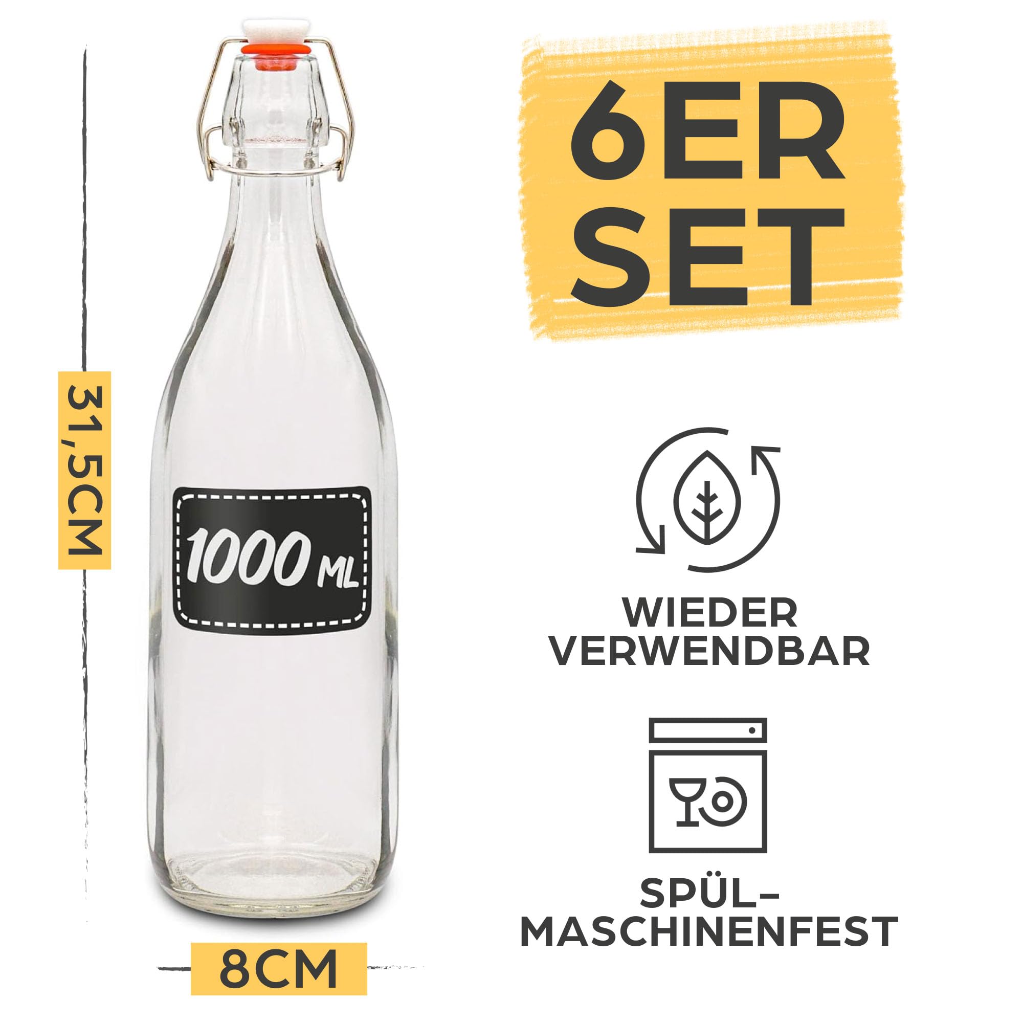 Praknu 6er Set Bügelflaschen 1 L – Glasflaschen mit Bügelverschluss Leer