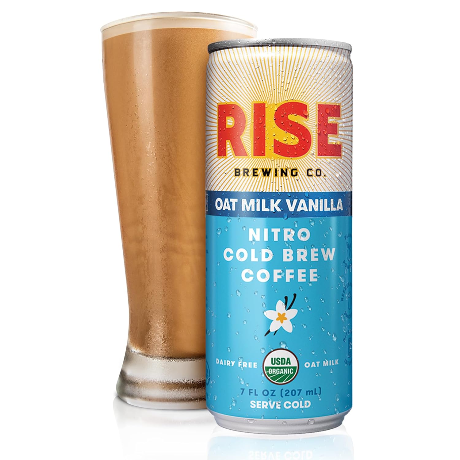 RISE Brewing Co. Vanilla Oat Milk Nitro Cold Brew Coffee, No Sugar Added & No Dairy, Organic & Non-GMO, Low Acidity & Vegan, 7 Fl. Oz. Cans