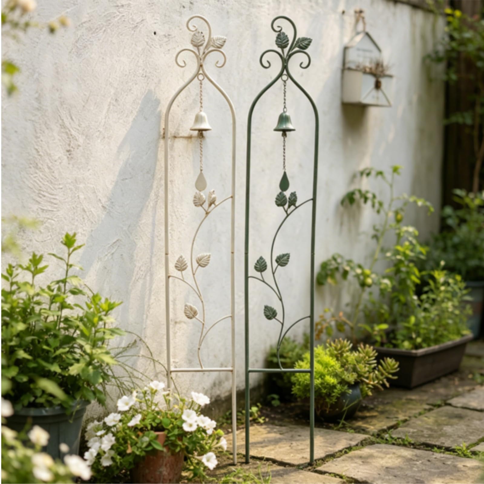 Rankgitter Stabil Spalier Rankhilfe mit Glocke für Gartenliebhaber, Garten, Terrasse, Antik-Weiß