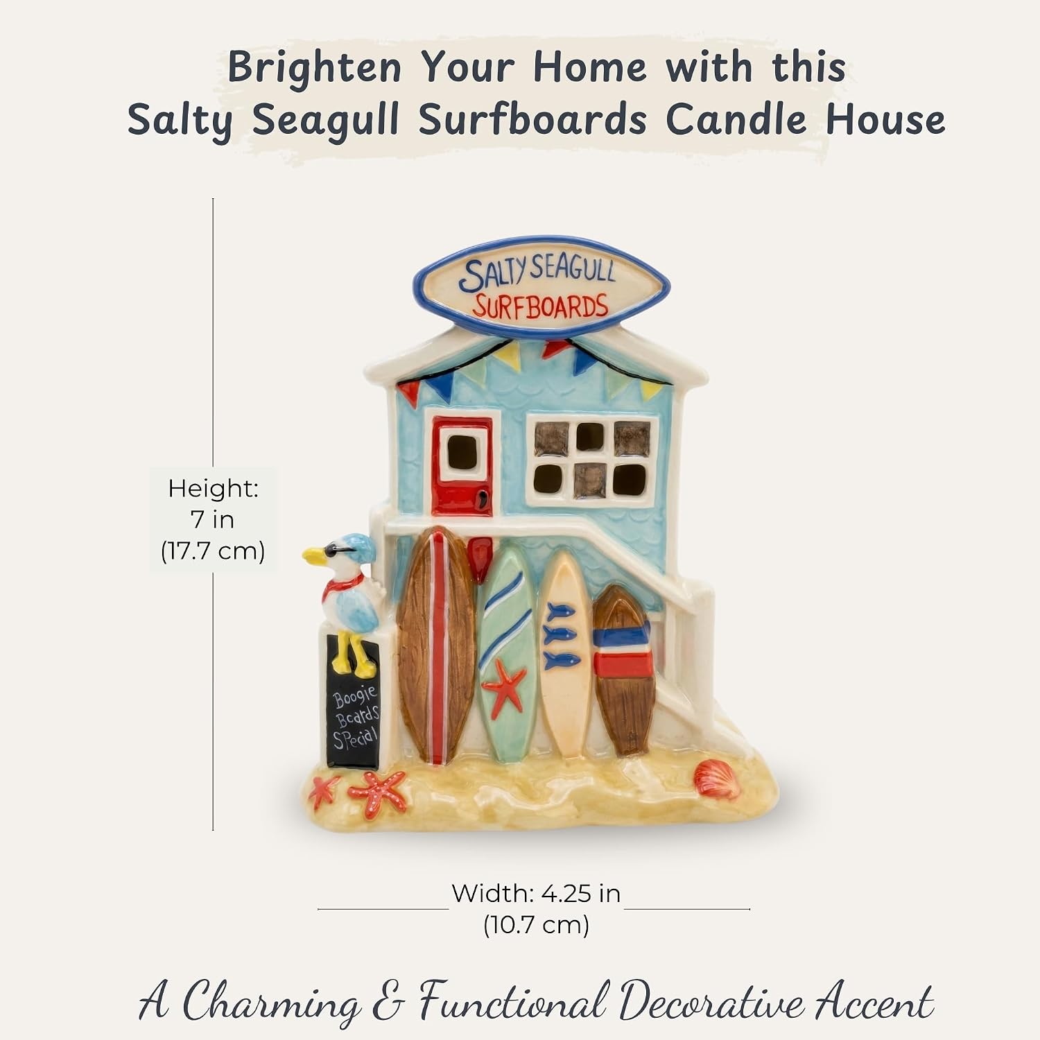 Blue Sky Clayworks Salty Seagull Surfboards Candle House, 6.125" L x 4.25" W x 7" H