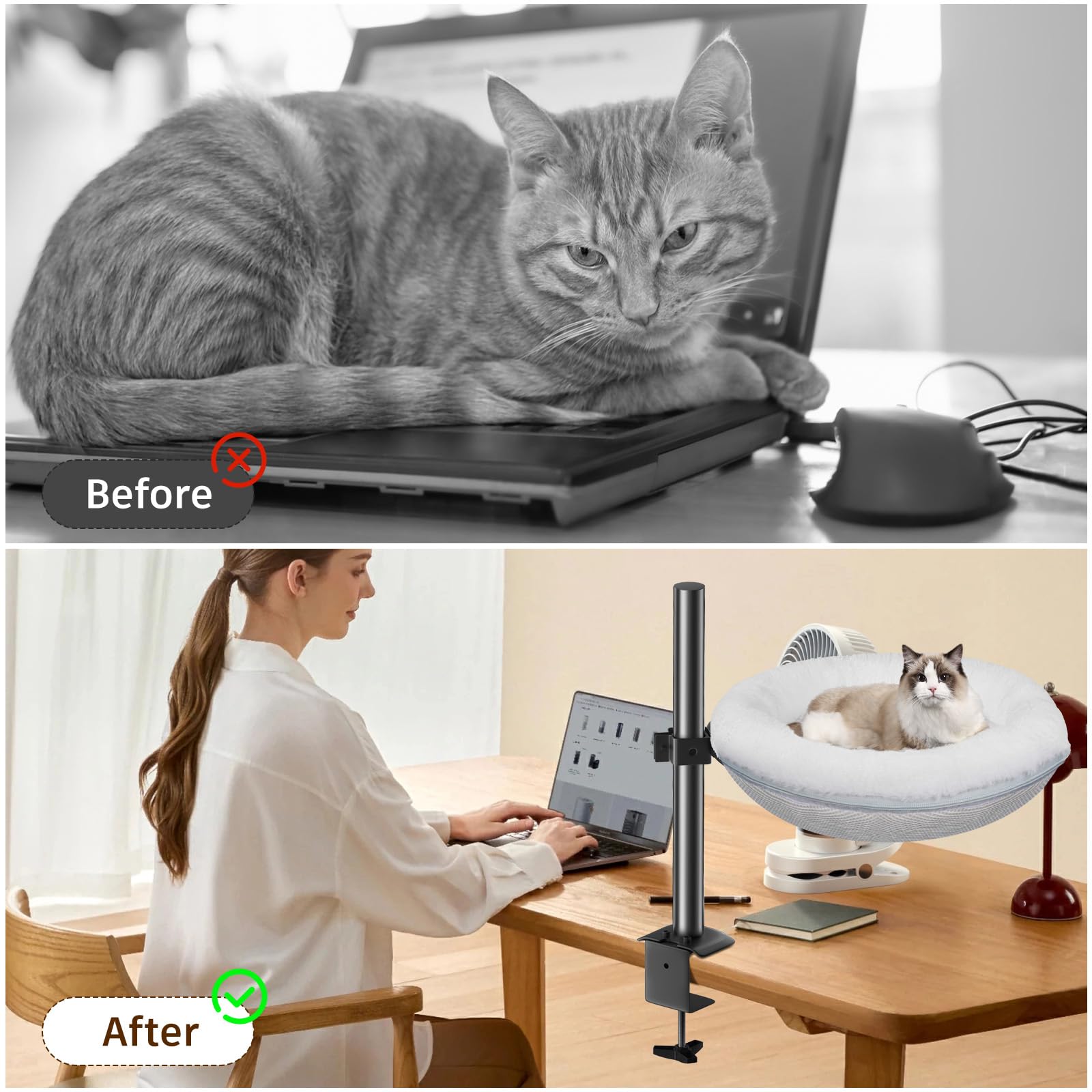 Gomyrod Cat Bed for Desk Removable Cushion Pet Desk Bed for Home Office, Comfortable Cat Perch for Indoor Kitty Max 40 LBS, 360° Rotating & Height Adjustable