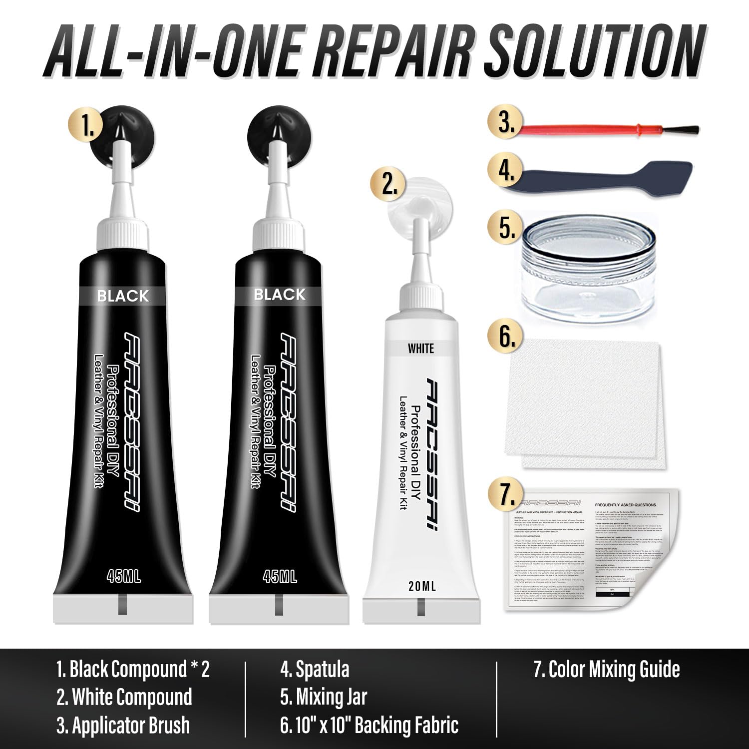 Black Leather Repair Kit for Car Interior, Vinyl Repair Kit for Car Seats, Couch, Boat, Sofa & Purse, Fix Scratch & Rip on Artificial, Faux, Genuine Leather, Easy for Anyone to Match Ideal Color