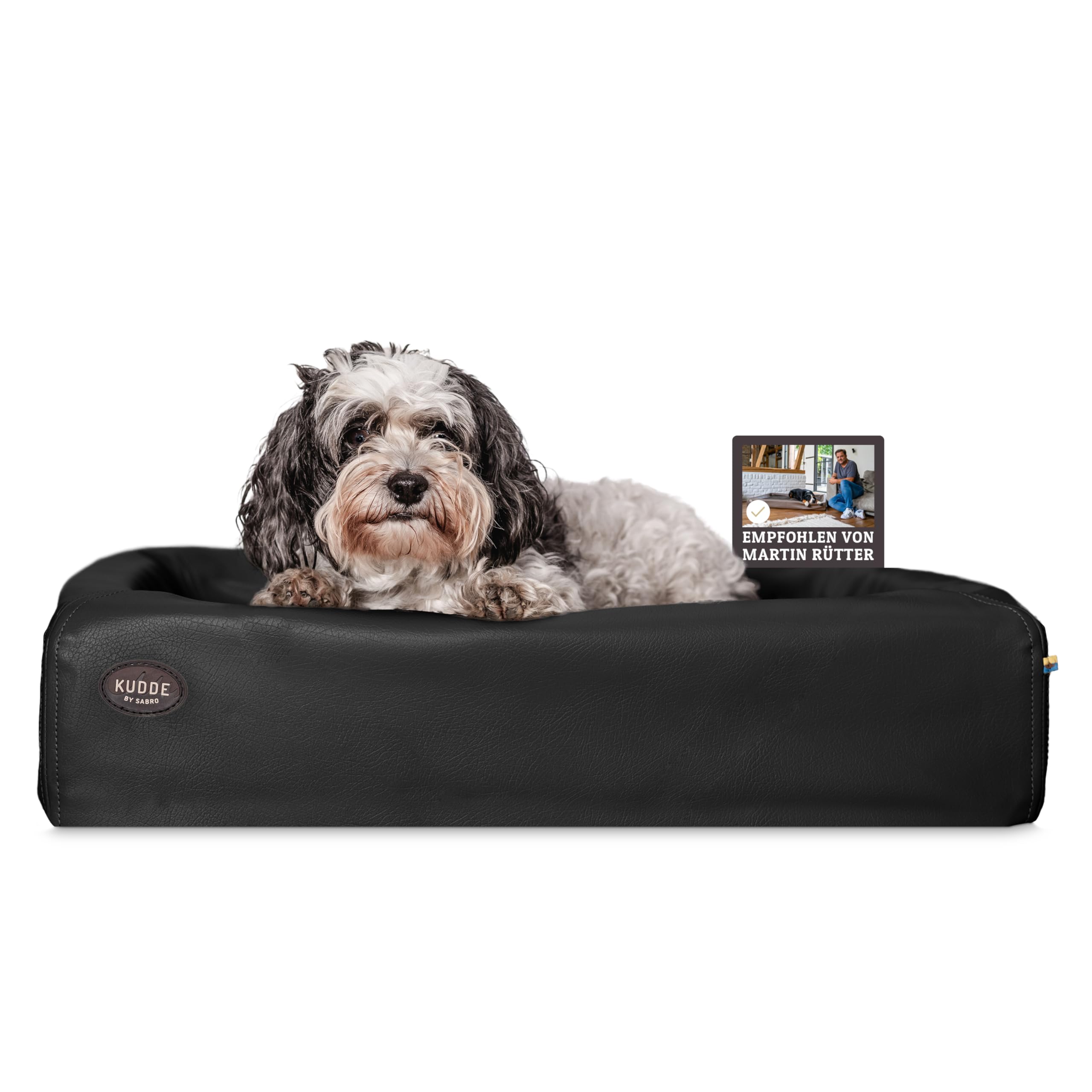 SABRO KUDDE Orthopädisches Hundebett – Martin Rütter – Hochwertiges Kunstleder – Waschbar & Wasserabweisend – Ergonomisch – Premium Haustierzubehör für Kleine, Mittelgrosse Hunde M in Schwarz