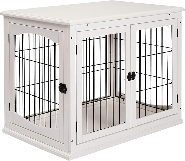 PawHut Dog Crate, Furniture Style Puppy Cage End Table, Pet Kennel House with 3 Doors for Small Dog, White 81 x 58.5 x 66 cm