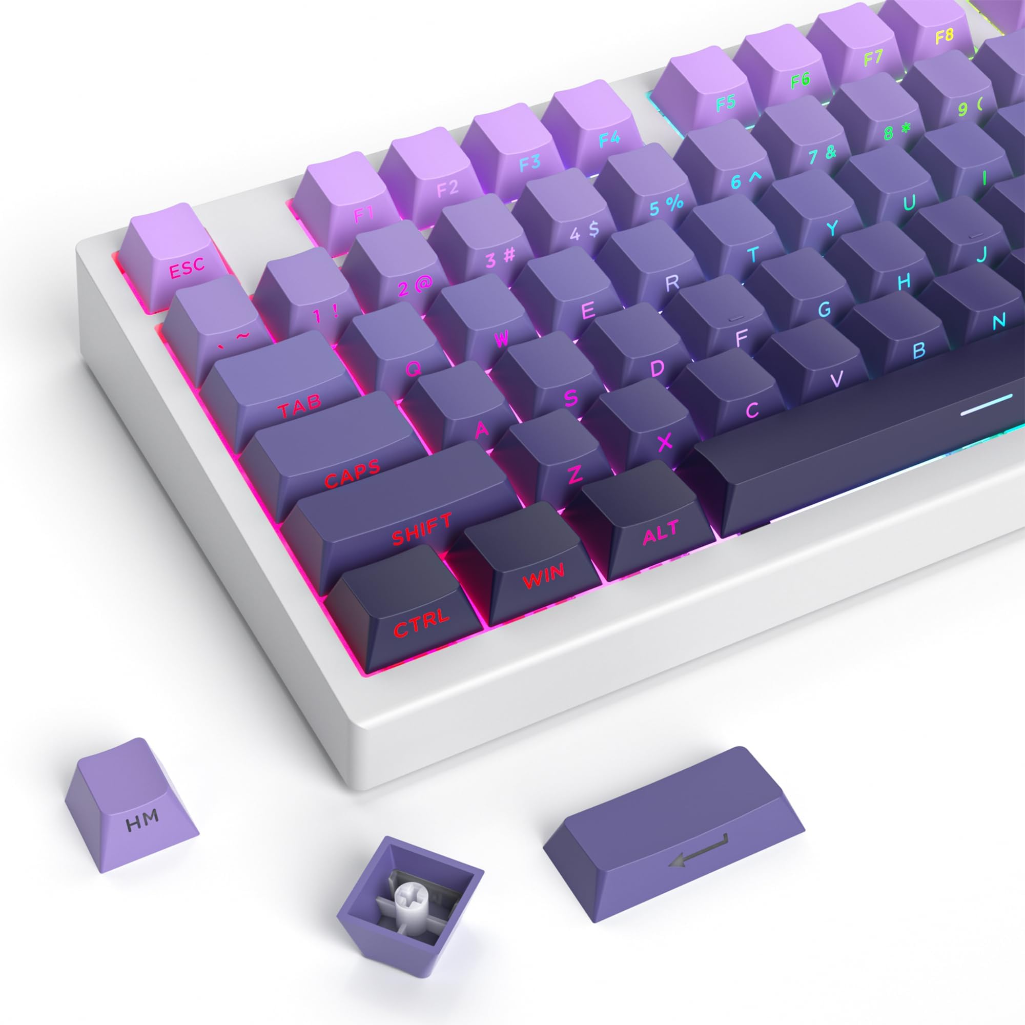PBT Gradient Purple Keycaps Side Printed Shine Through Keycaps Set Cherry Profile Double Shot Custom Keycaps Minimalist Style for Mechanical Keyboard(Purple)