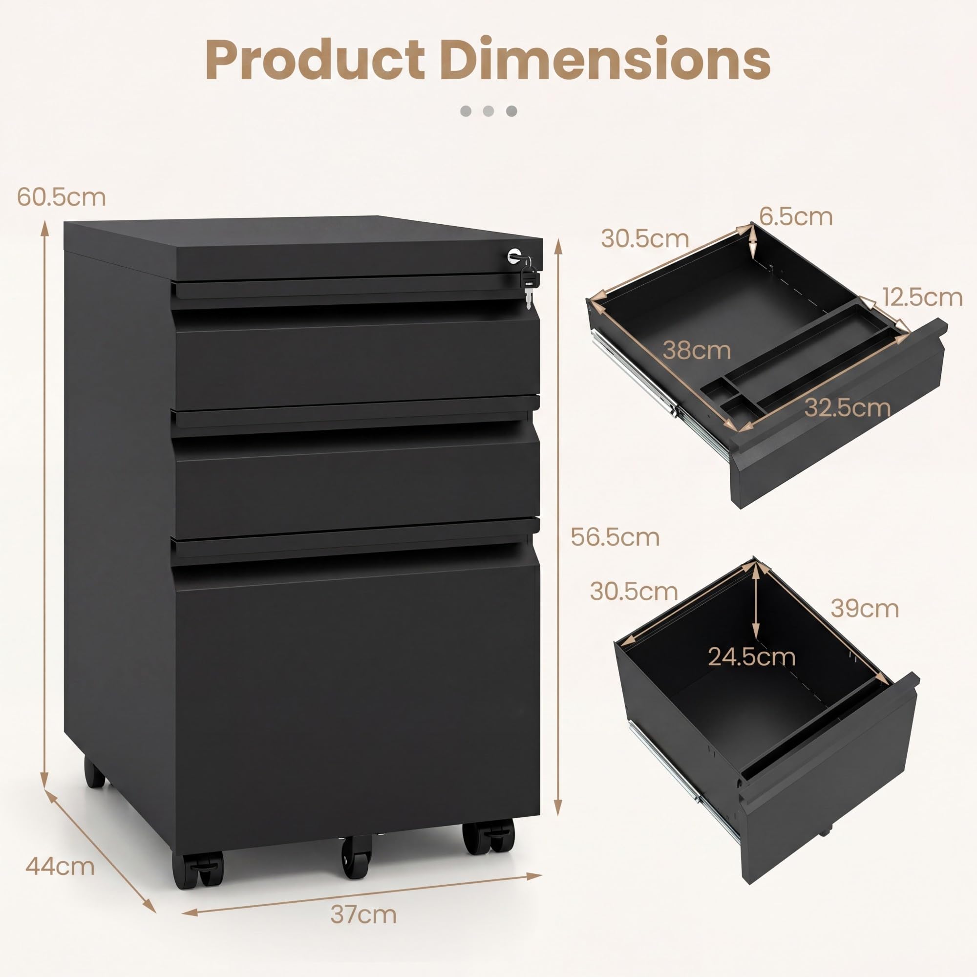 KOMFOTTEU Armario Archivador Móvil con 3 Cajones, Cajonera de Oficina con 5 Ruedas Universales, Cerredura y 2 Llaves, Cómoda Escritorio para Documentos, Soporte Impresora, 44 x 37 x 60 cm (Negro)