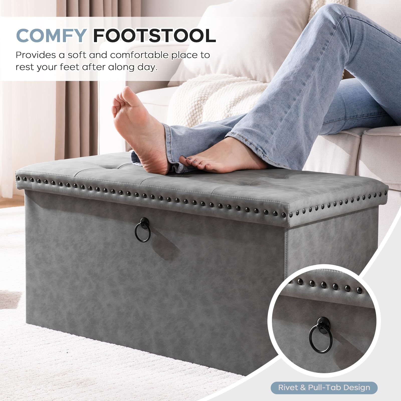 oakvivo Small 16 x 12 x12 Inches Folding Storage Ottoman, Faux Leather Foot Rest Stool with Rivet Design, Ottoman with Storage Vanity Stool Coffee Table for Living Room, Bedroom, Load 242 lbs, Green: Grey 15"D x 30"W x 15"H