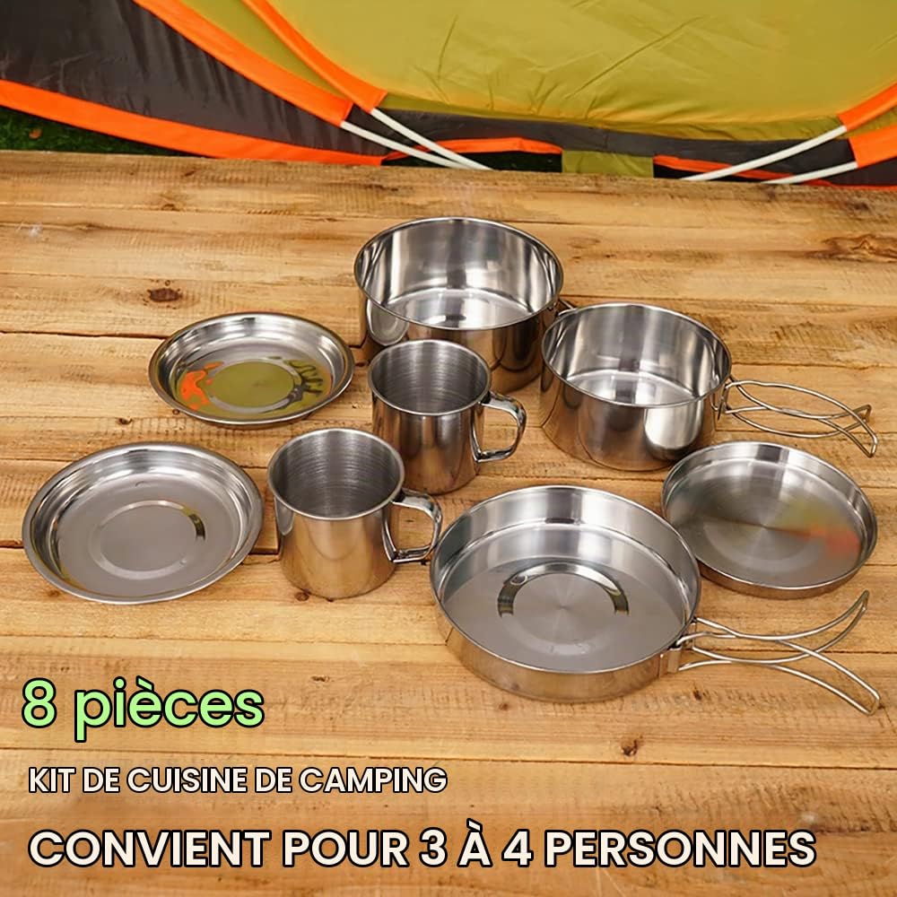 LIXADA Camping Batterie de Cuisine Mess Kit 8 PCS en Acier Inoxydable Camping Casseroles Ensemble avec Assiettes Tasses pour Pêche, Randonnée, Pique-Nique, Outdoor BBQ