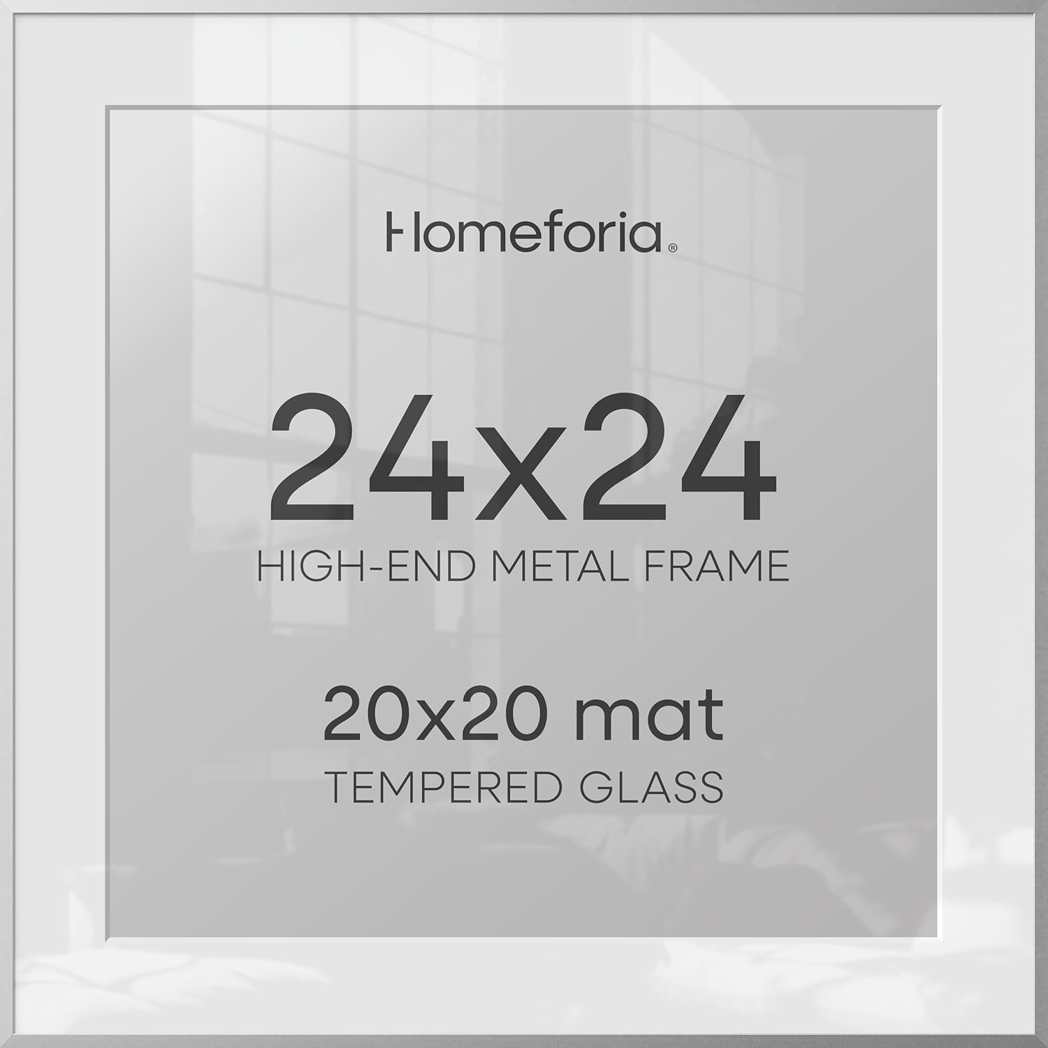Homeforia 24x24 Silver Picture Frame, High End Metal 24 x 24 Large Square Silver Frames with Mat 20 by 20 inch Photo, 24by24 Thin Poster Frame Matted to 20x20 Print, Tempered Glass, Wall Kit, Set of 1