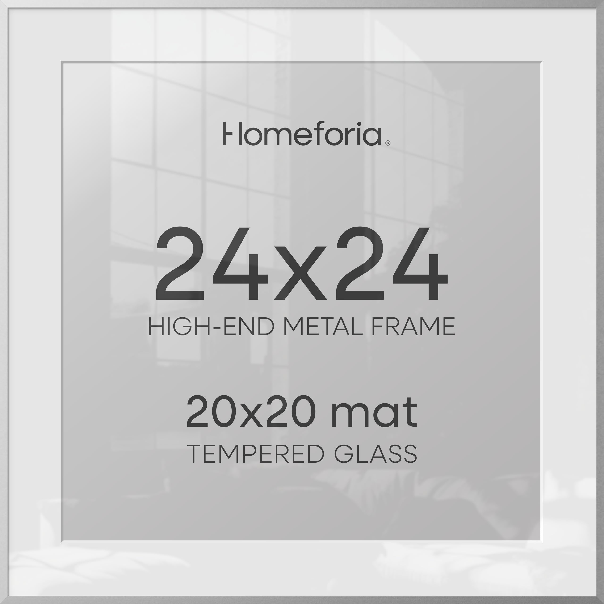 Homeforia 24x24 Silver Picture Frame, High End Metal 24 x 24 Large Square Silver Frames with Mat 20 by 20 inch Photo, 24by24 Thin Poster Frame Matted to 20x20 Print, Tempered Glass, Wall Kit, Set of 2