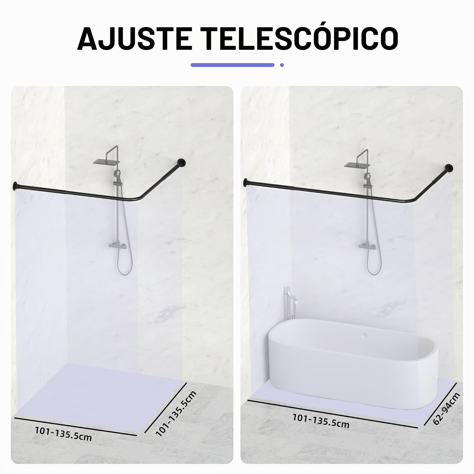 Barra Cortina Ducha en Forma de L, Barra Ducha Extensible Esquina 62–94 x 141–174 cm, Acero Inoxidable, Con 16 Anillas para Cortina, Negro